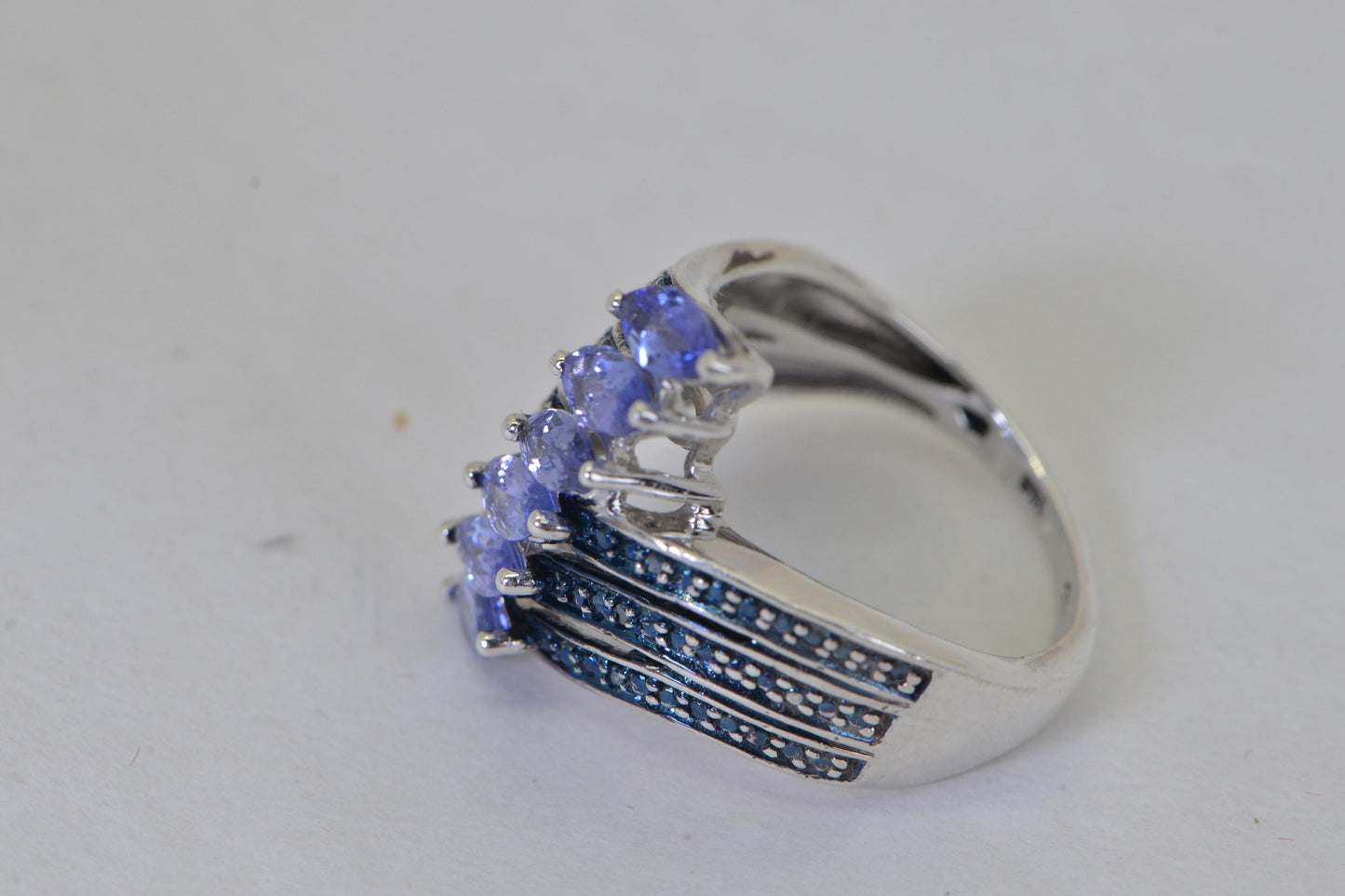 Genuine Tanzanite and Blue Diamond Sterling Silver Ring: Marquise Cluster Band, December Birthstone