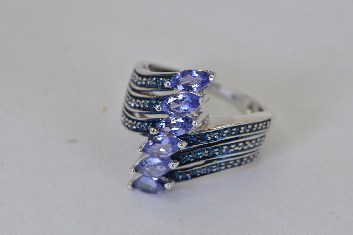 Genuine Tanzanite and Blue Diamond Sterling Silver Ring: Marquise Cluster Band, December Birthstone