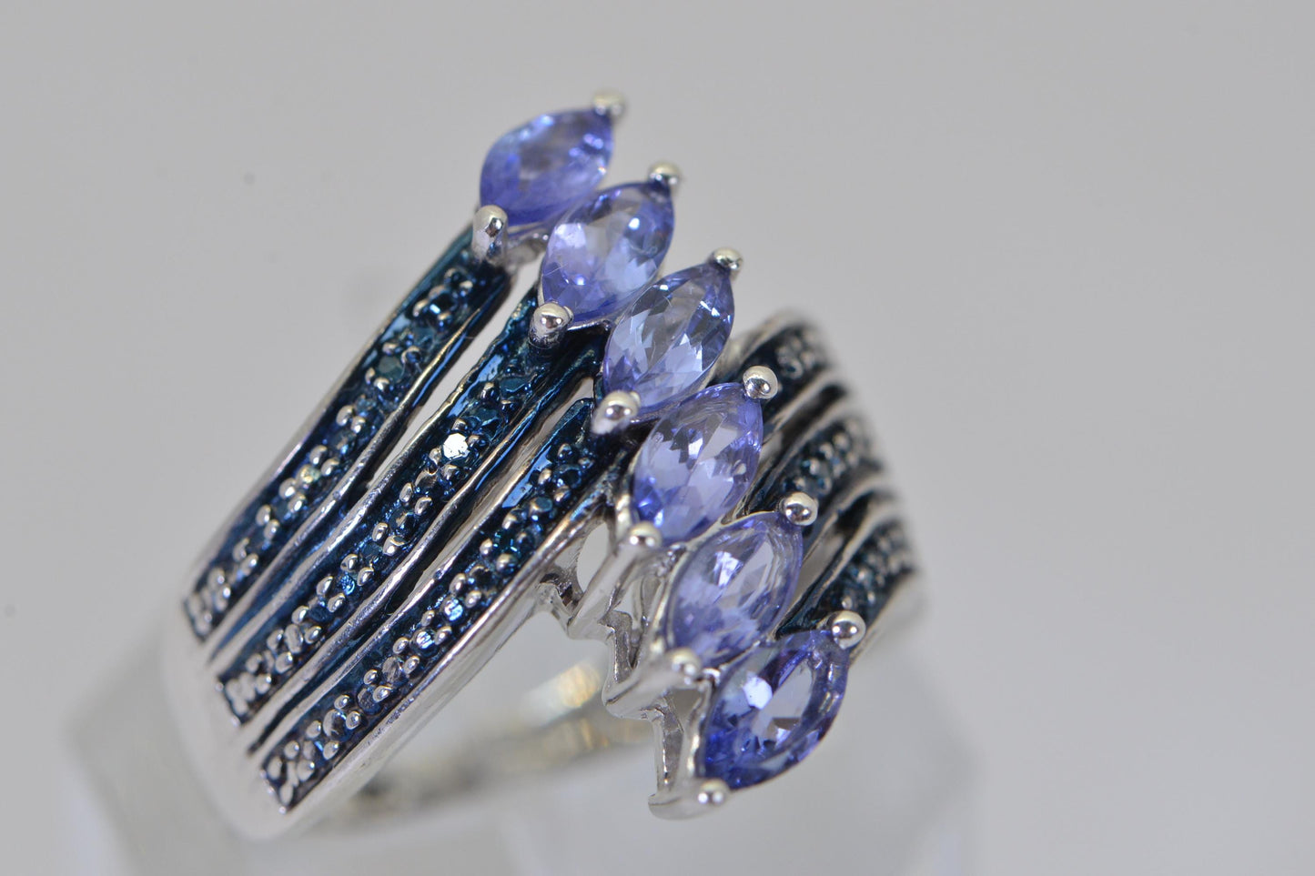 Genuine Tanzanite and Blue Diamond Sterling Silver Ring: Marquise Cluster Band, December Birthstone