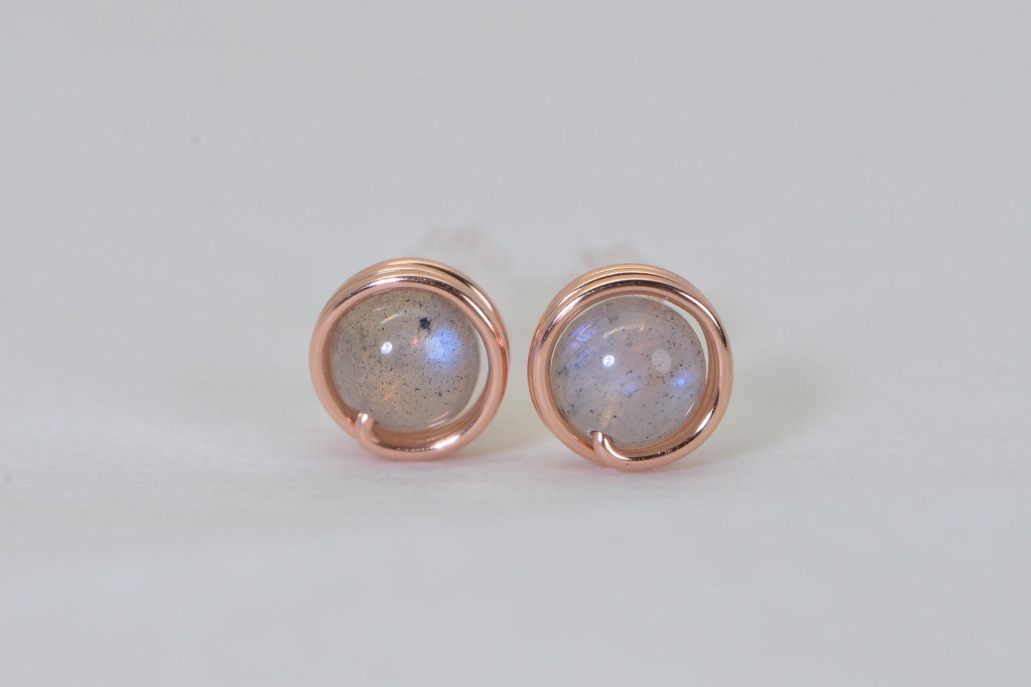 Blue Flash Labradorite Stud Earrings: Wire Wrapped Copper, 6mm Gemstone