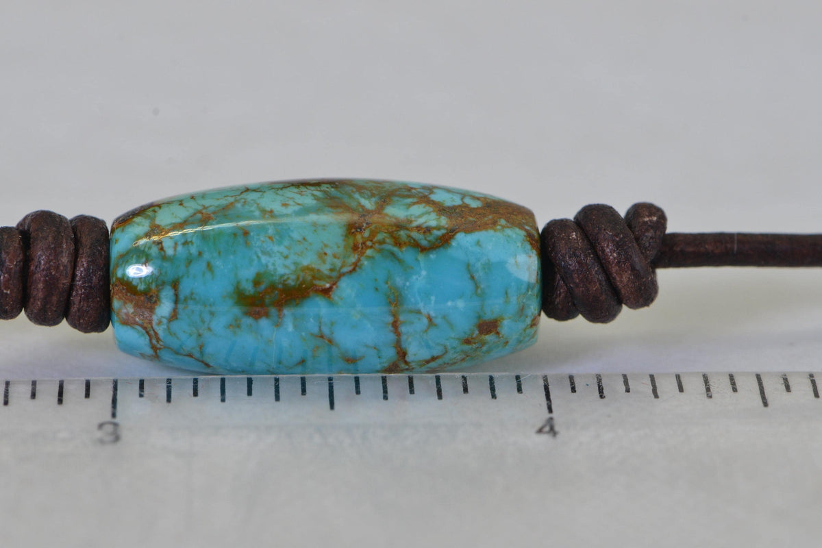 Royston Turquoise Barrel Pendant Necklace – Large Statement Stone on Leather Cord – Handmade Men's Gift