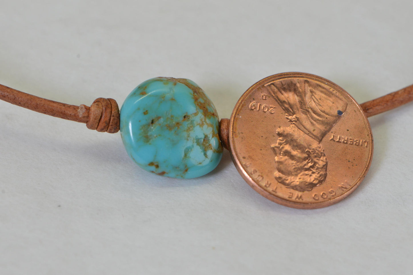 Royston Turquoise Necklace: Natural Leather Cord, Sterling Silver Clasp