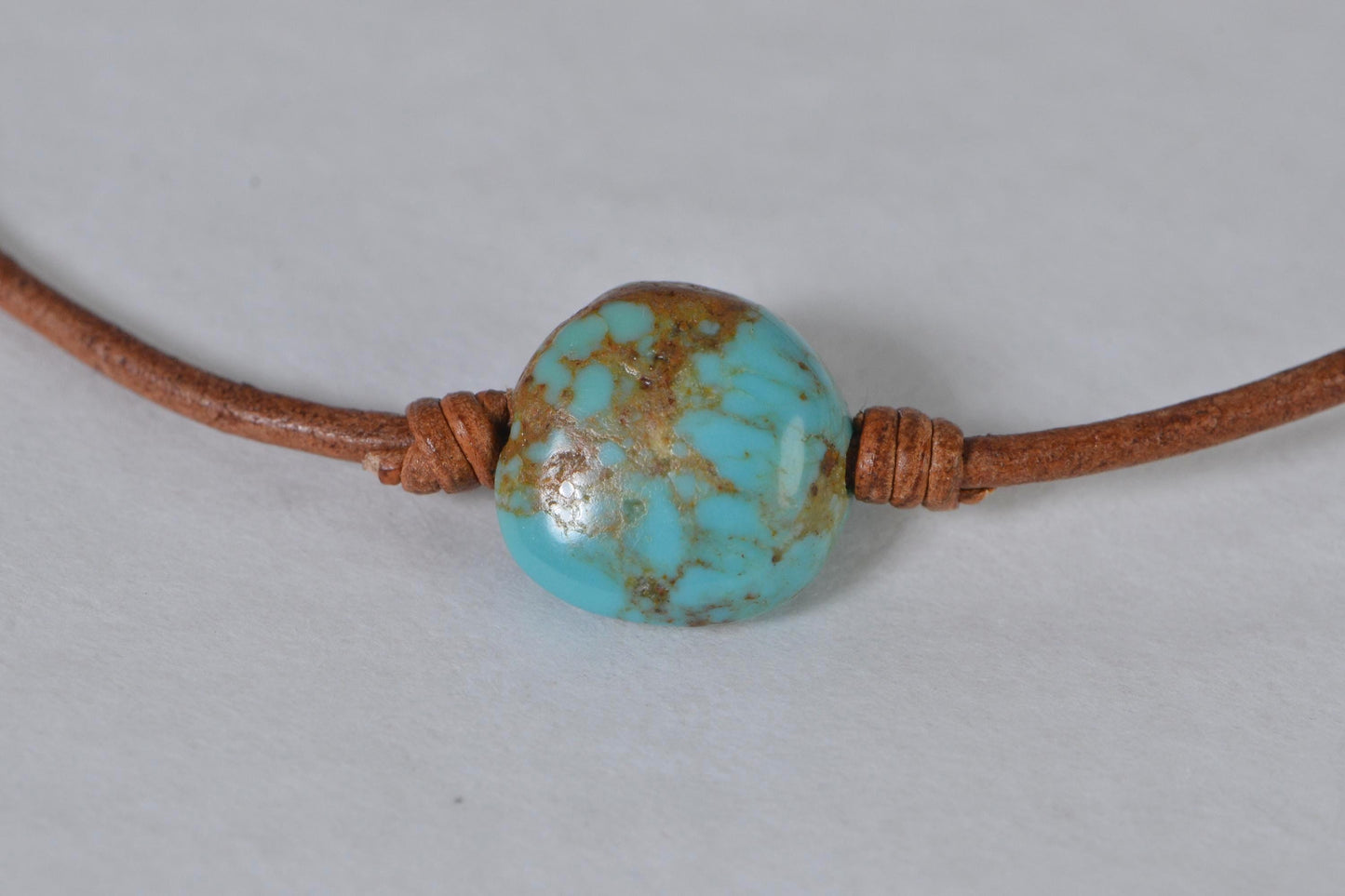 Royston Turquoise Necklace: Natural Leather Cord, Sterling Silver Clasp