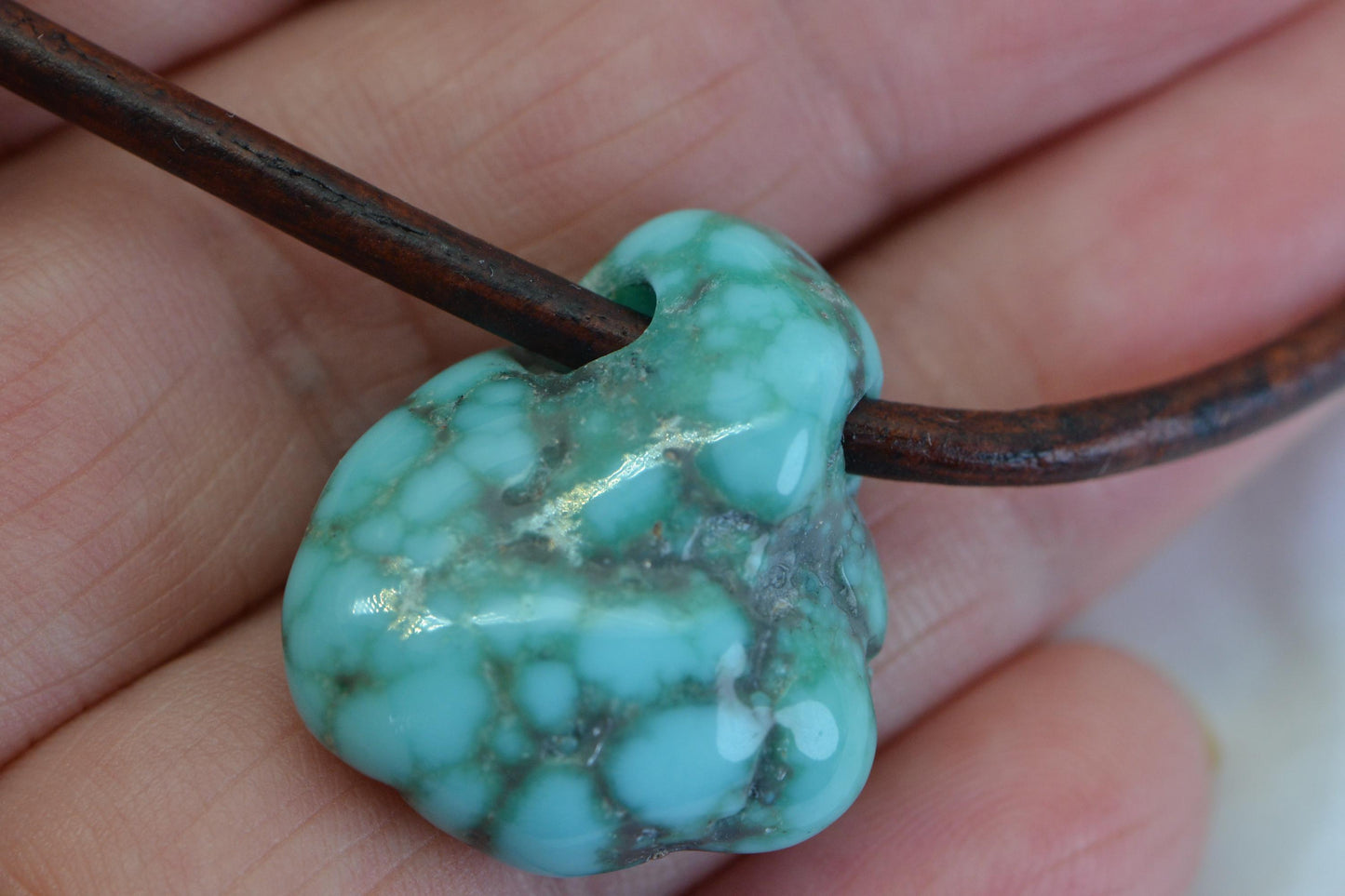 38ct Kingman Turquoise Necklace: Leather Cord Amulet, Sterling Silver Clasp