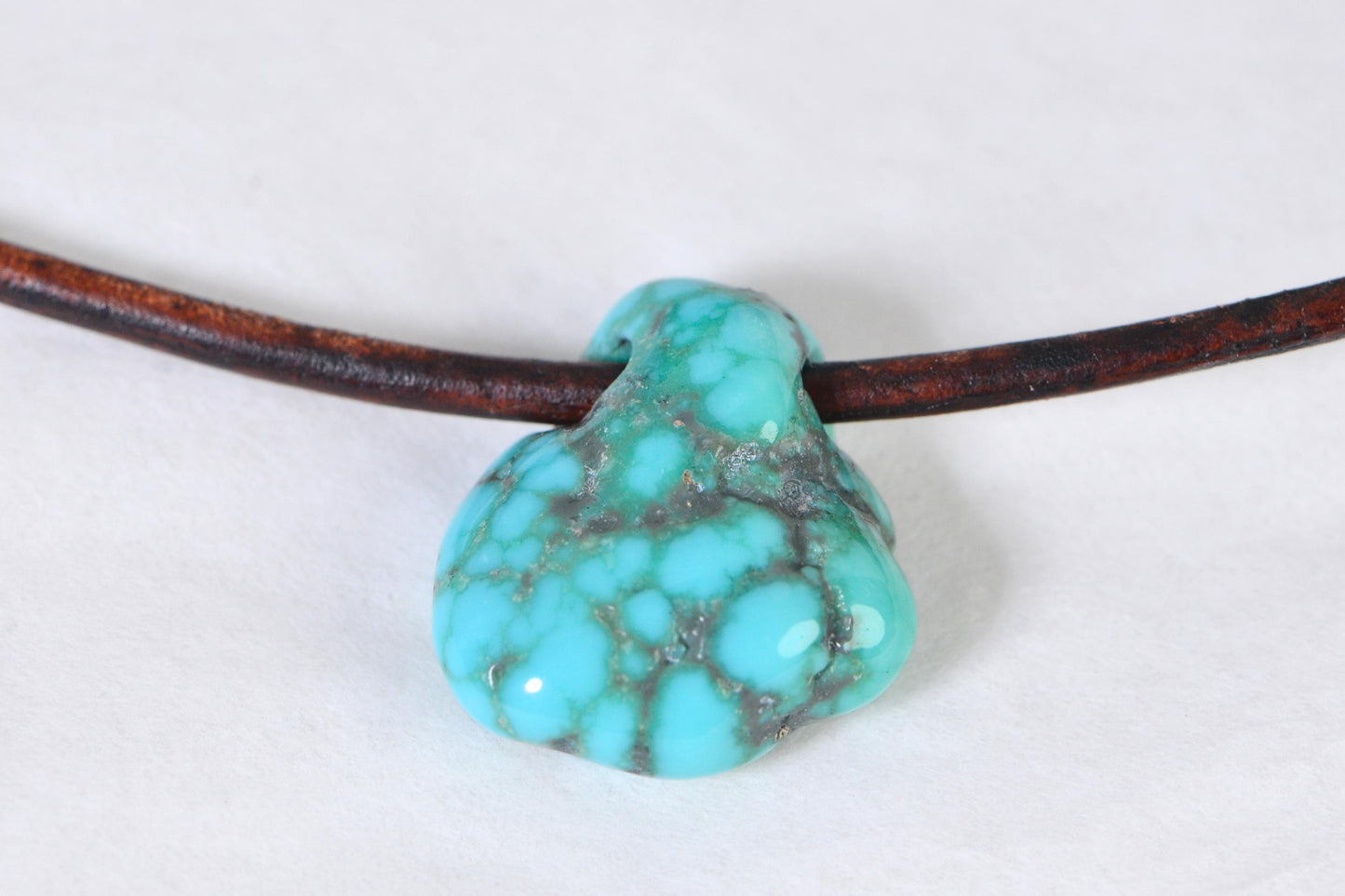 38ct Kingman Turquoise Necklace: Leather Cord Amulet, Sterling Silver Clasp