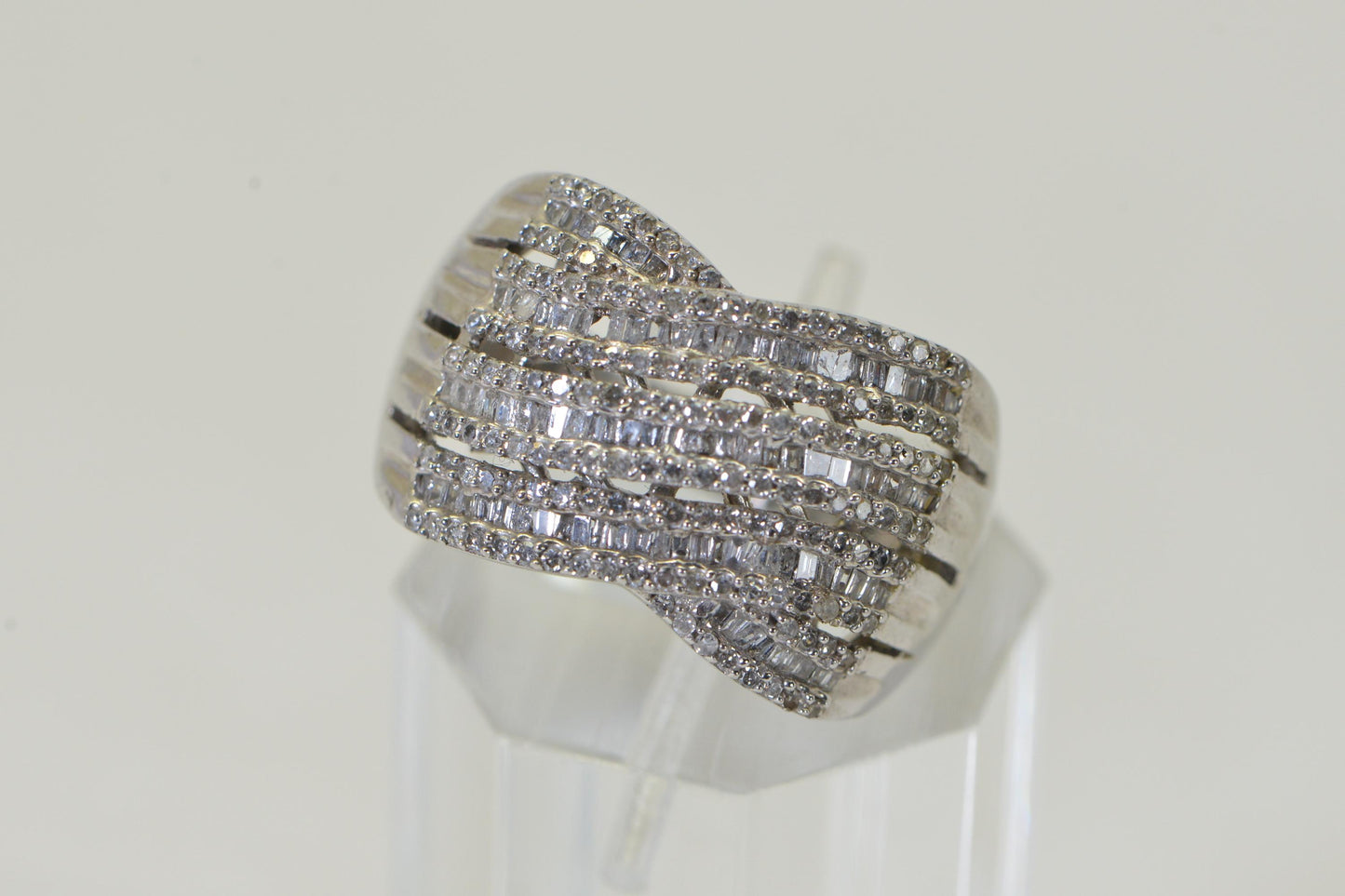 14K White Gold Diamond Ring Turban Style Cross Rows Baguette and Round Cut Multi Stone Size 10US
