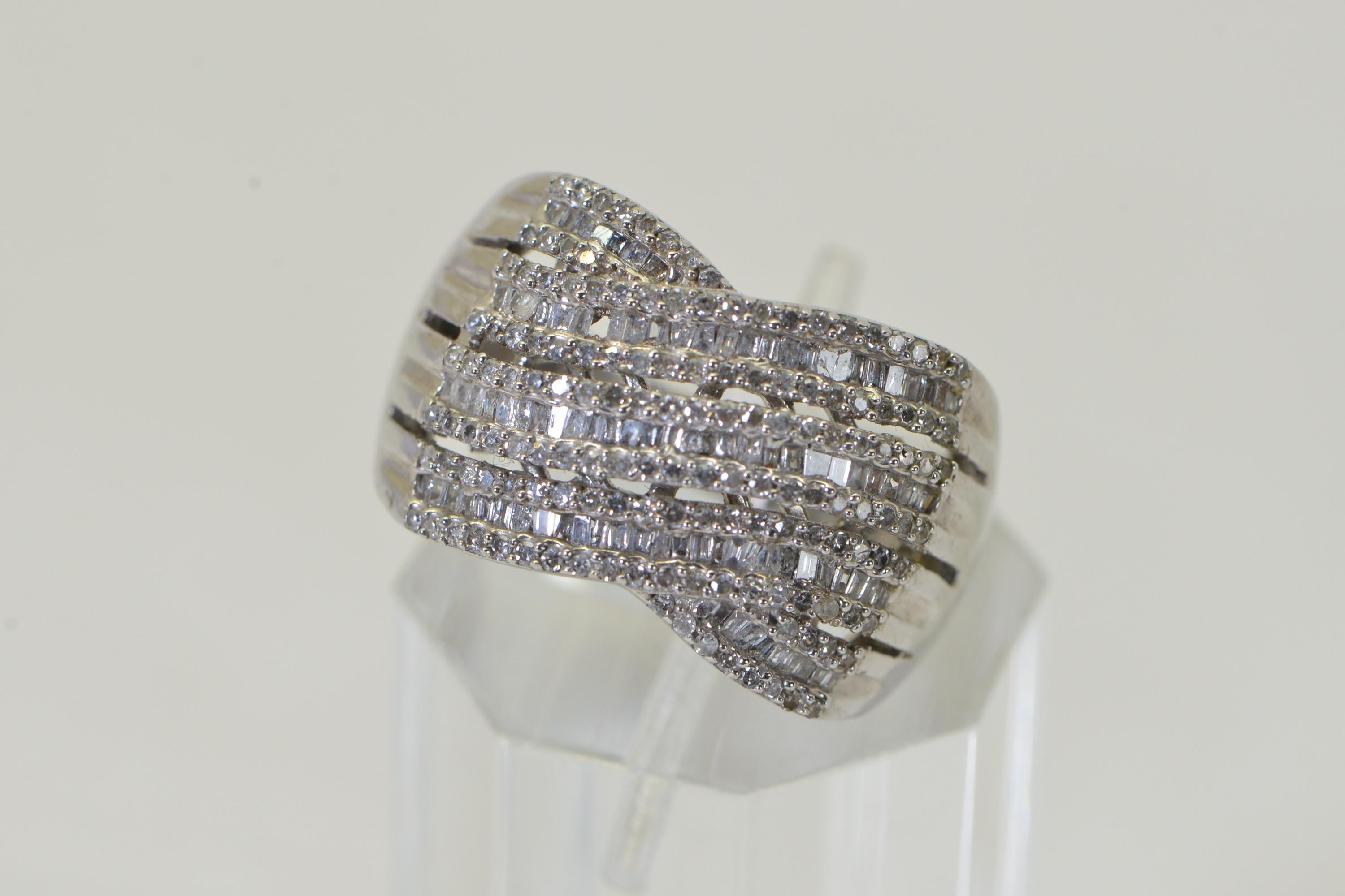 14K White Gold Diamond Ring Turban Style Cross Rows Baguette and Round Cut Multi Stone Size 10US
