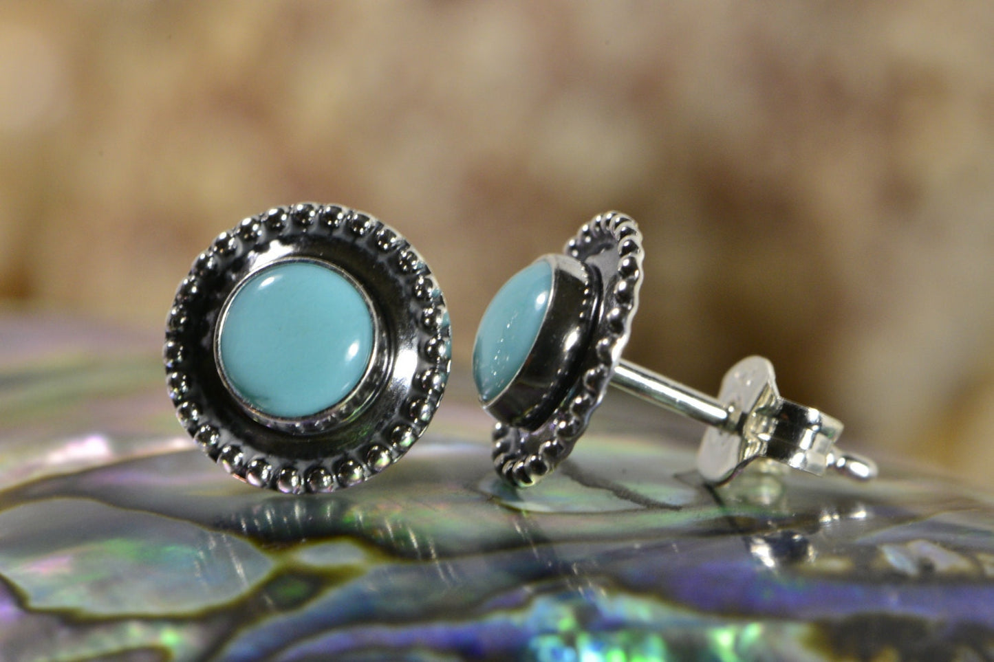 Handmade Sterling Silver Turquoise Earrings, Antique Patina