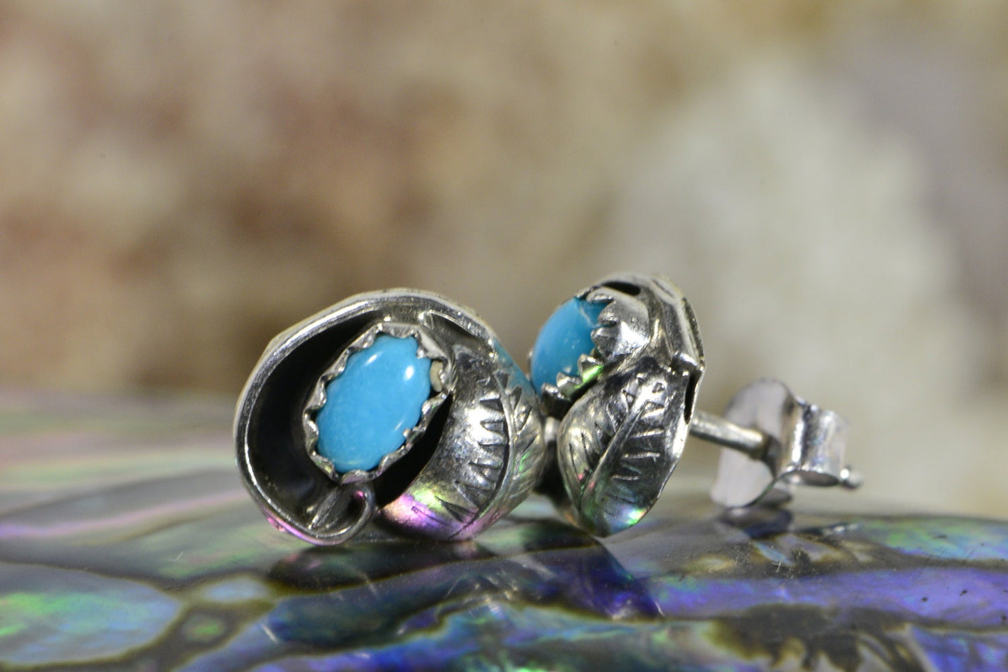 Turquoise Sterling Silver Earrings, Handmade Leaf Design