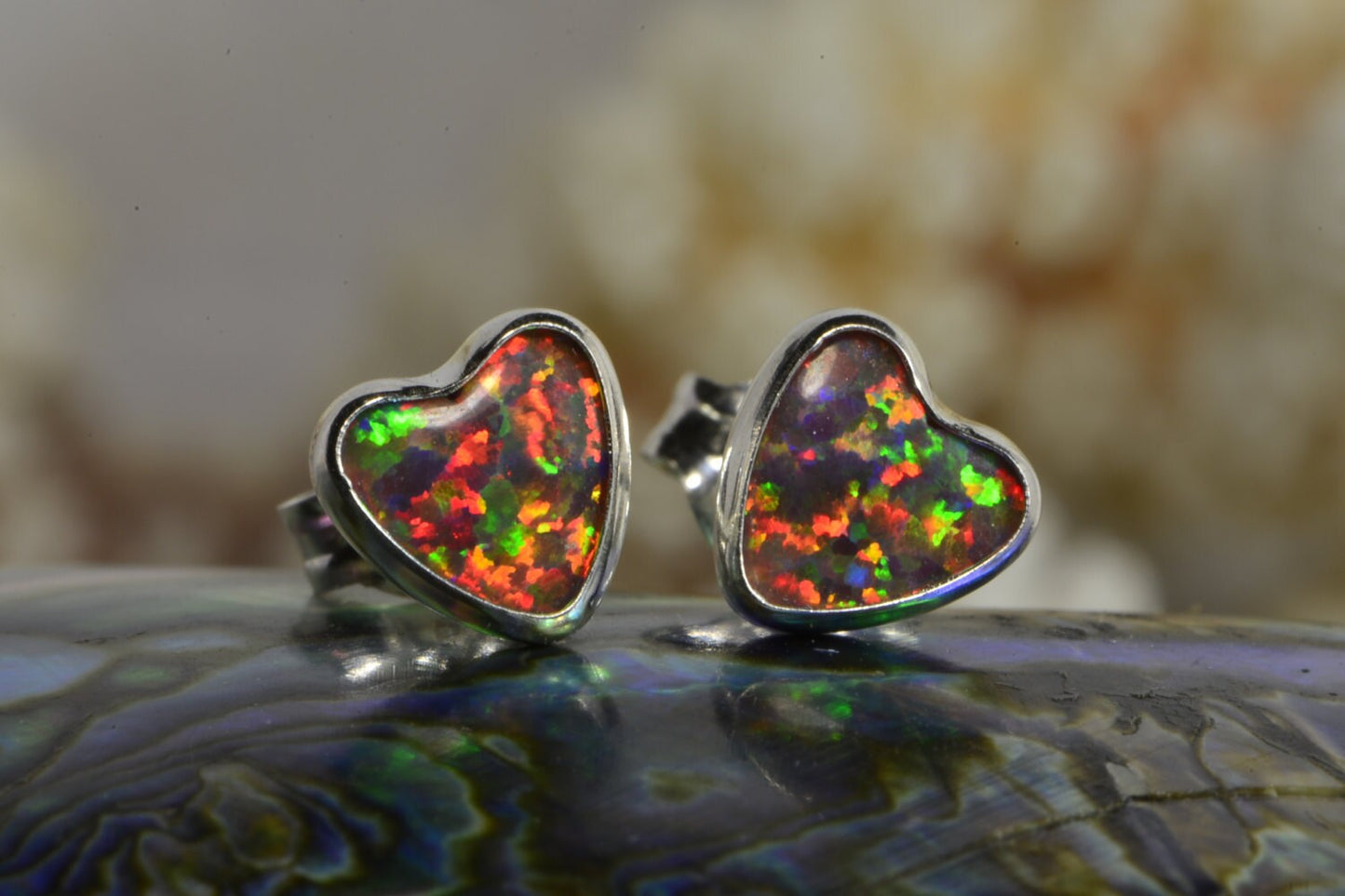 Fire Opal Stud Earrings Heart Shape Sterling Silver Birthstone October