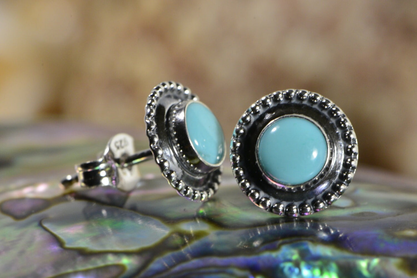 Handmade Sterling Silver Turquoise Earrings, Antique Patina
