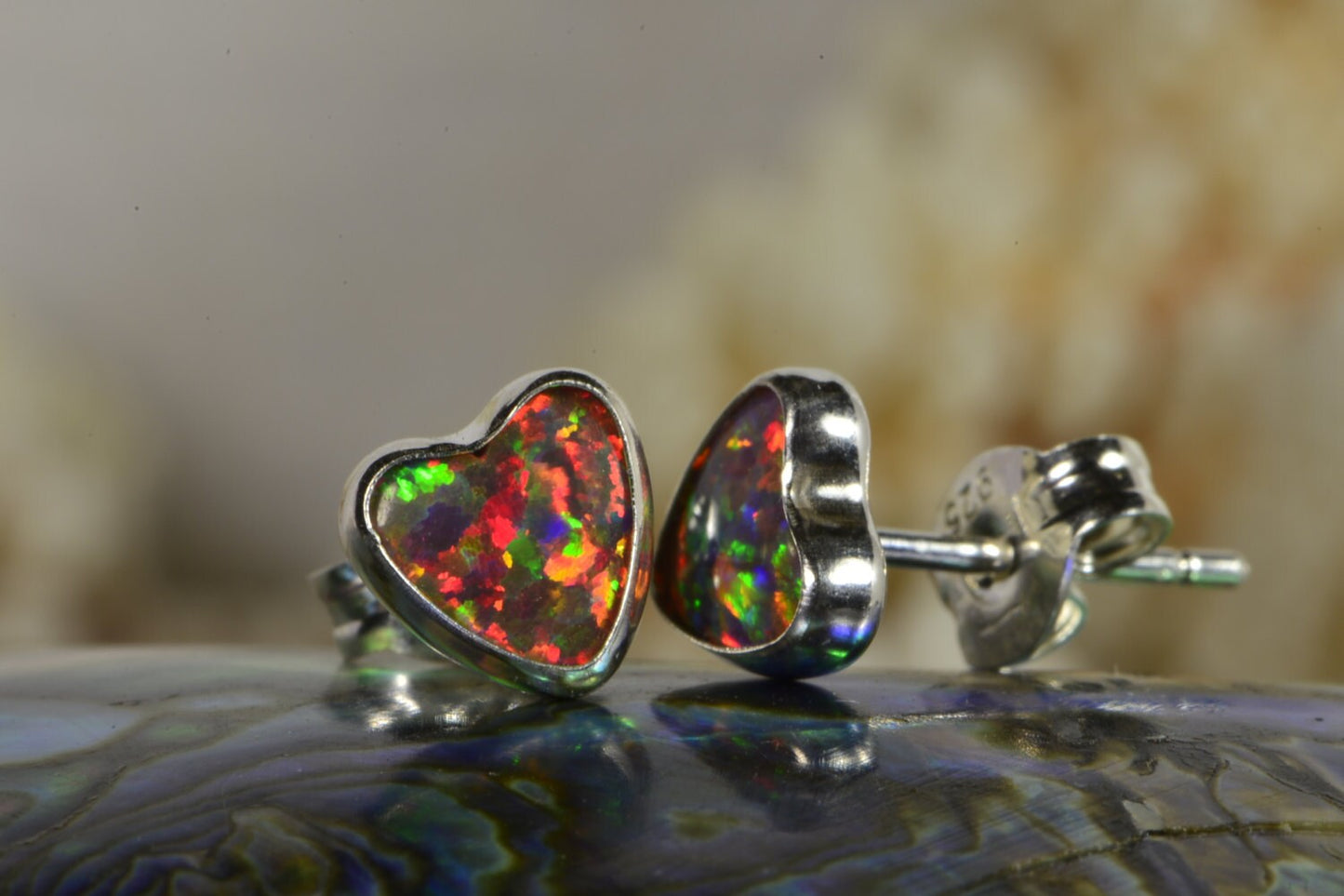 Fire Opal Stud Earrings Heart Shape Sterling Silver Birthstone October