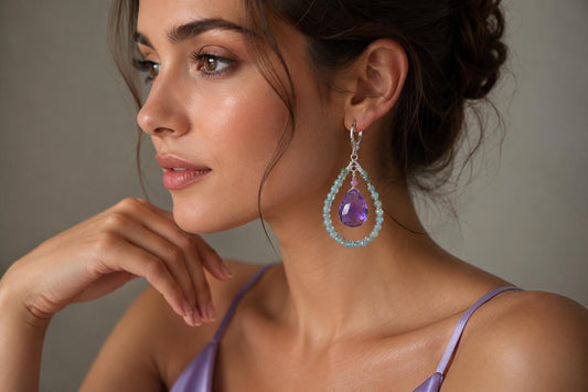 Amethyst and Green Apatite Chandelier Earrings – Sterling Silver Wire Wrapped Long Teardrops