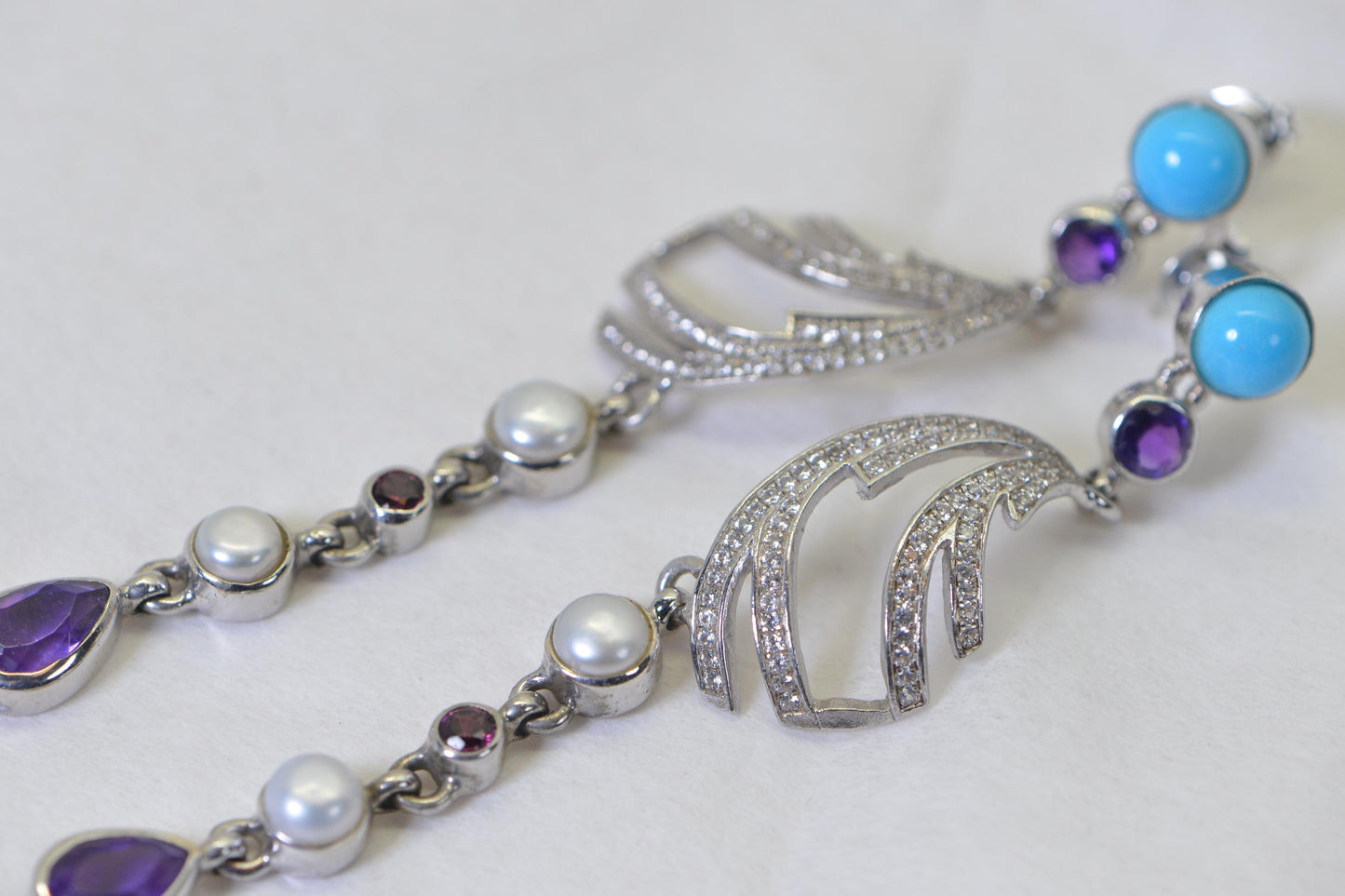 Long Cluster Turquoise Pearl Amethyst Multistone Earrings Statement  Studs Dangle