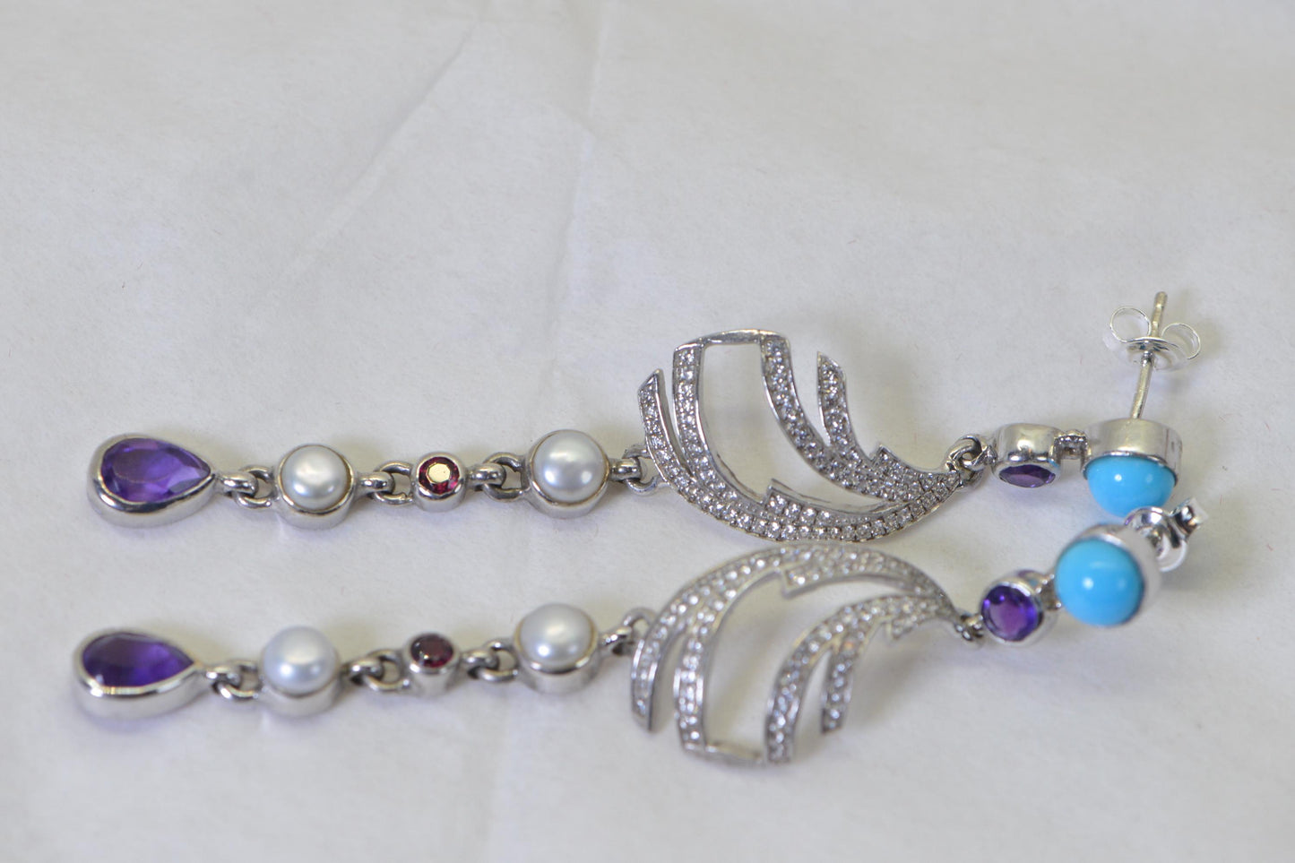 Long Cluster Turquoise Pearl Amethyst Multistone Earrings Statement  Studs Dangle