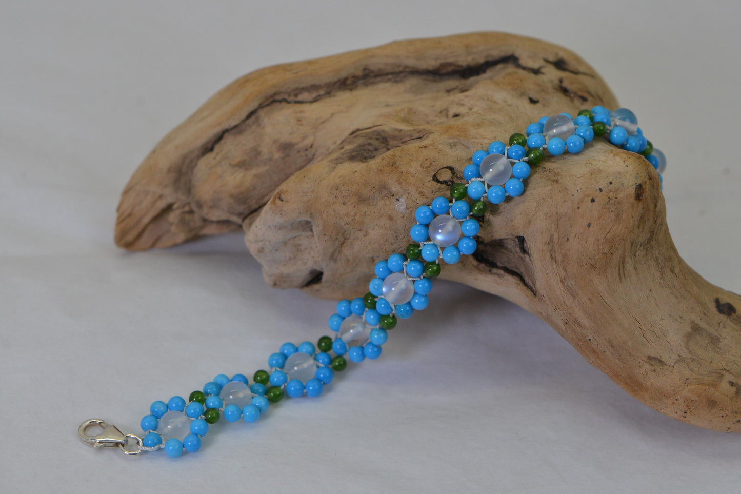 Elegant Moonstone, Turquoise and Jade  Floral Bracelet, Handwoven Gemstone Bracelet, Delicate Luxury Jewelry Gift for Her