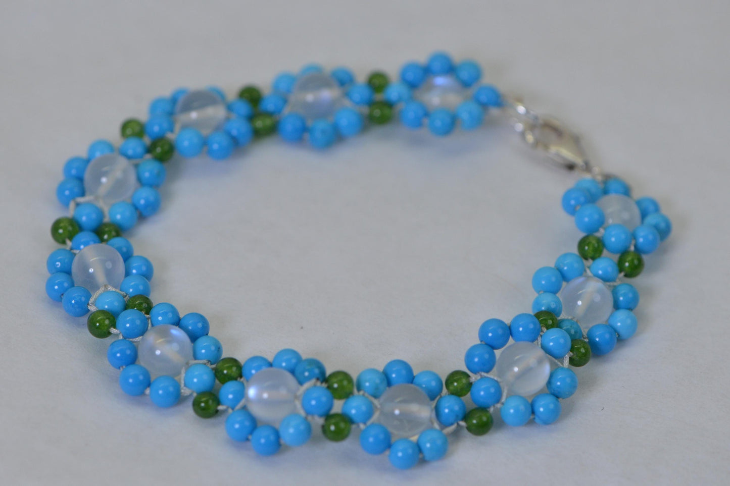 Elegant Moonstone, Turquoise and Jade  Floral Bracelet, Handwoven Gemstone Bracelet, Delicate Luxury Jewelry Gift for Her