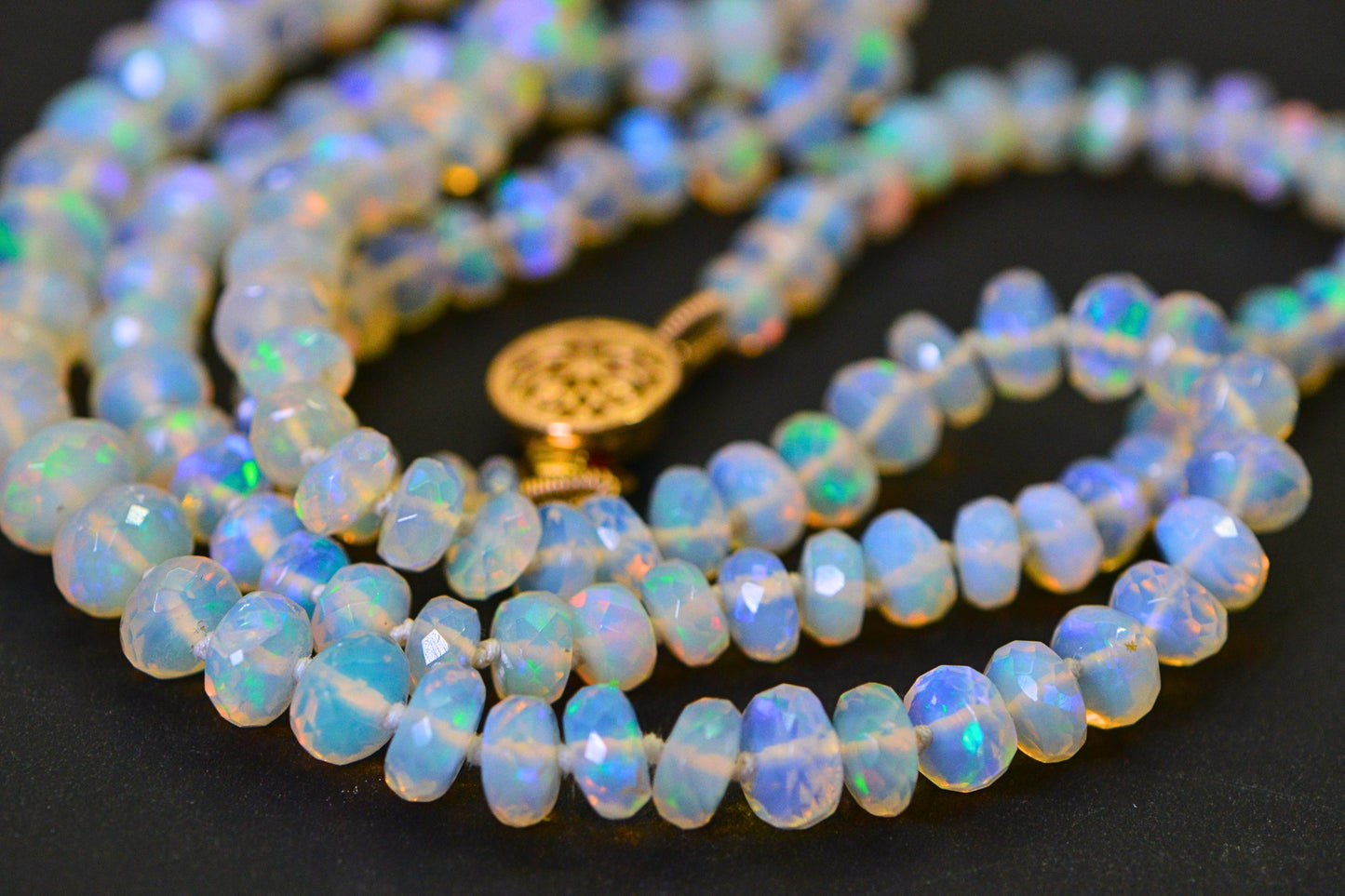 Ethiopian Opal Long Knotted Gemstone Necklace Facet Rondelle 14K Yellow Gold Filled Toggle Clasp