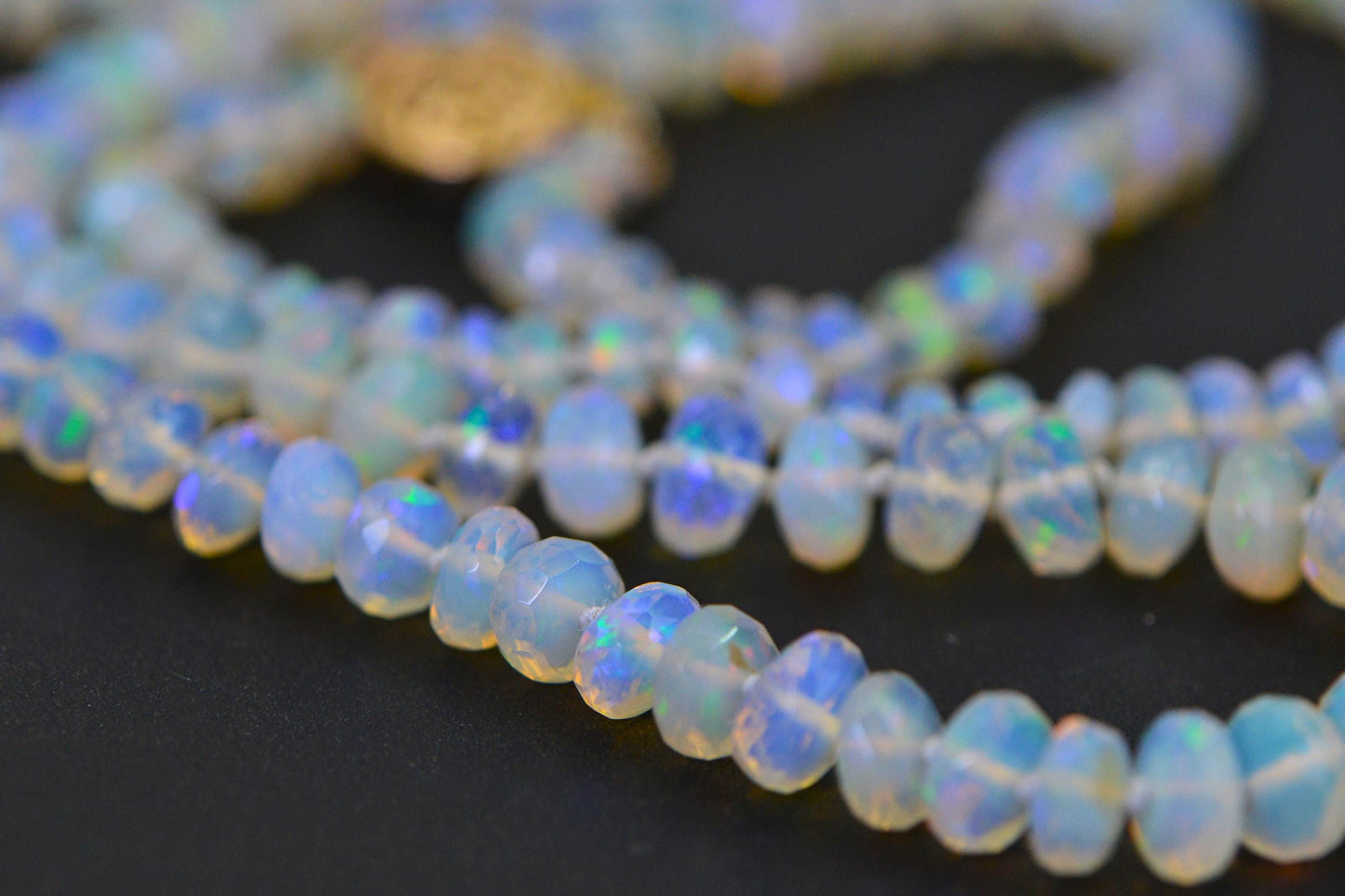 Ethiopian Opal Long Knotted Gemstone Necklace Facet Rondelle 14K Yellow Gold Filled Toggle Clasp