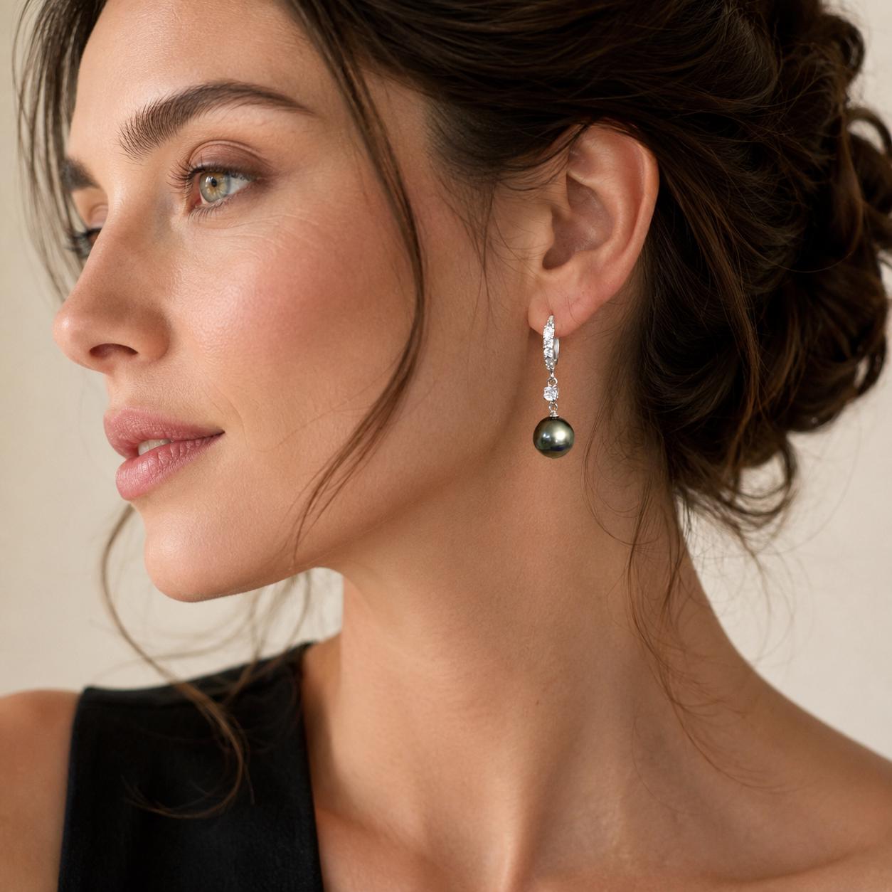 Tahitian Cultured Black Pearl Encrusted Diamond Dangle Stud Earrings Sparkly Cluster Stone Earrings