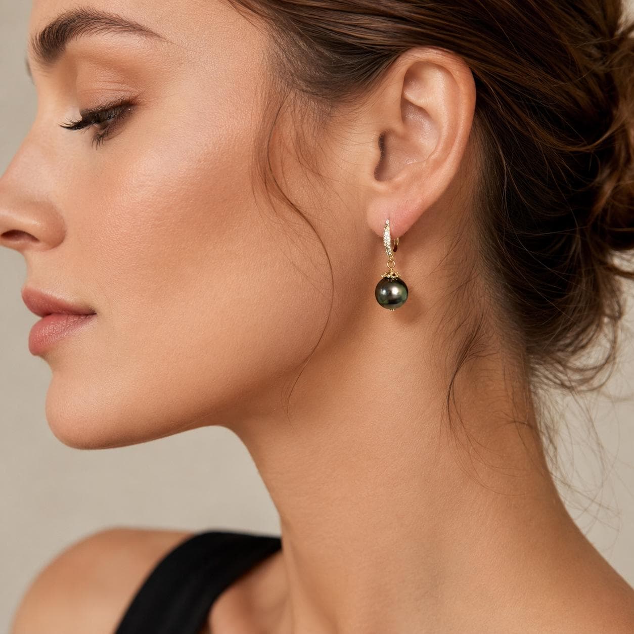 Tahitian Black Pearl Dangle Earrings: CZ, 14K Gold Over Sterling