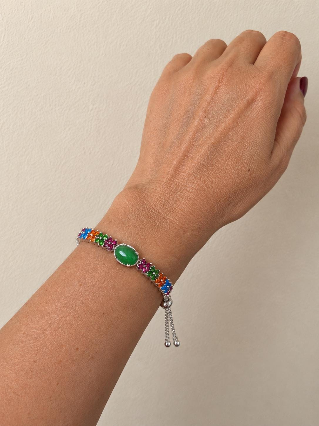 Apple Green Jade Bracelet, Sterling Silver Rainbow Gemstone Bolo Bracelet