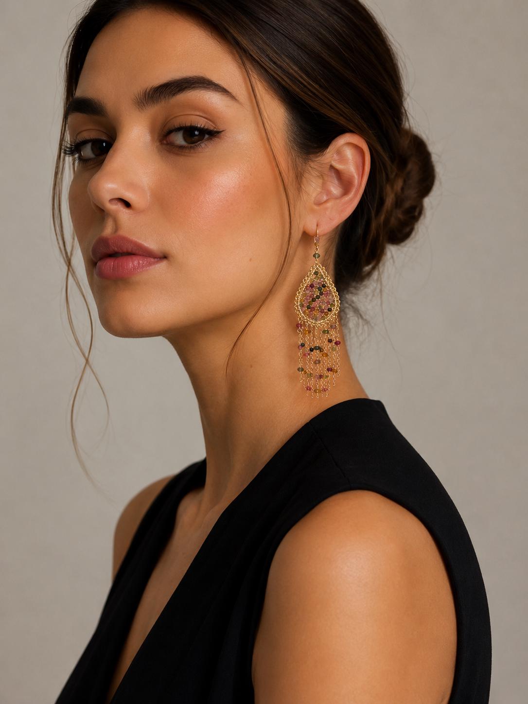 Multicolor Tourmaline Fringe Earrings: 14K Gold Statement Jewelry