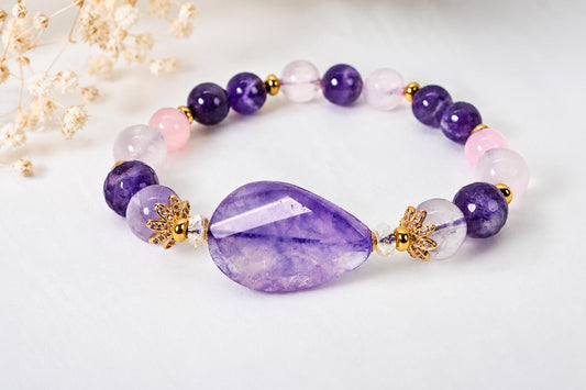 Amethyst, Ametrine, Citrine, Rose Quartz Multi Gemstone Bracelet, Purple Pink Crystal Stretch, Gift for Her