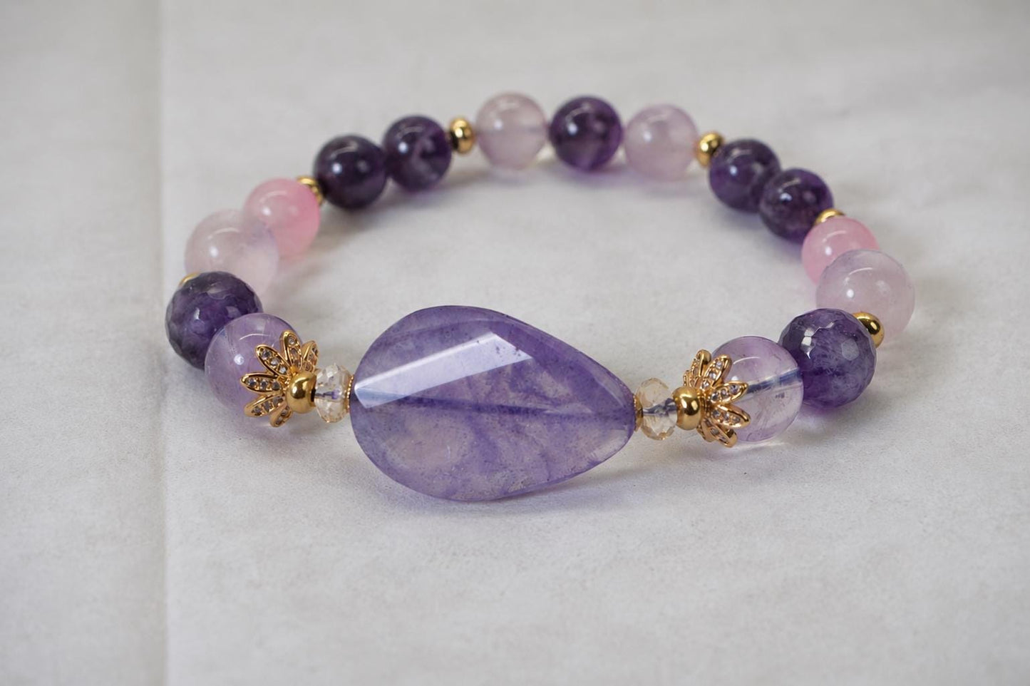 Amethyst, Ametrine, Citrine, Rose Quartz Multi Gemstone Bracelet, Purple Pink Crystal Stretch, Gift for Her