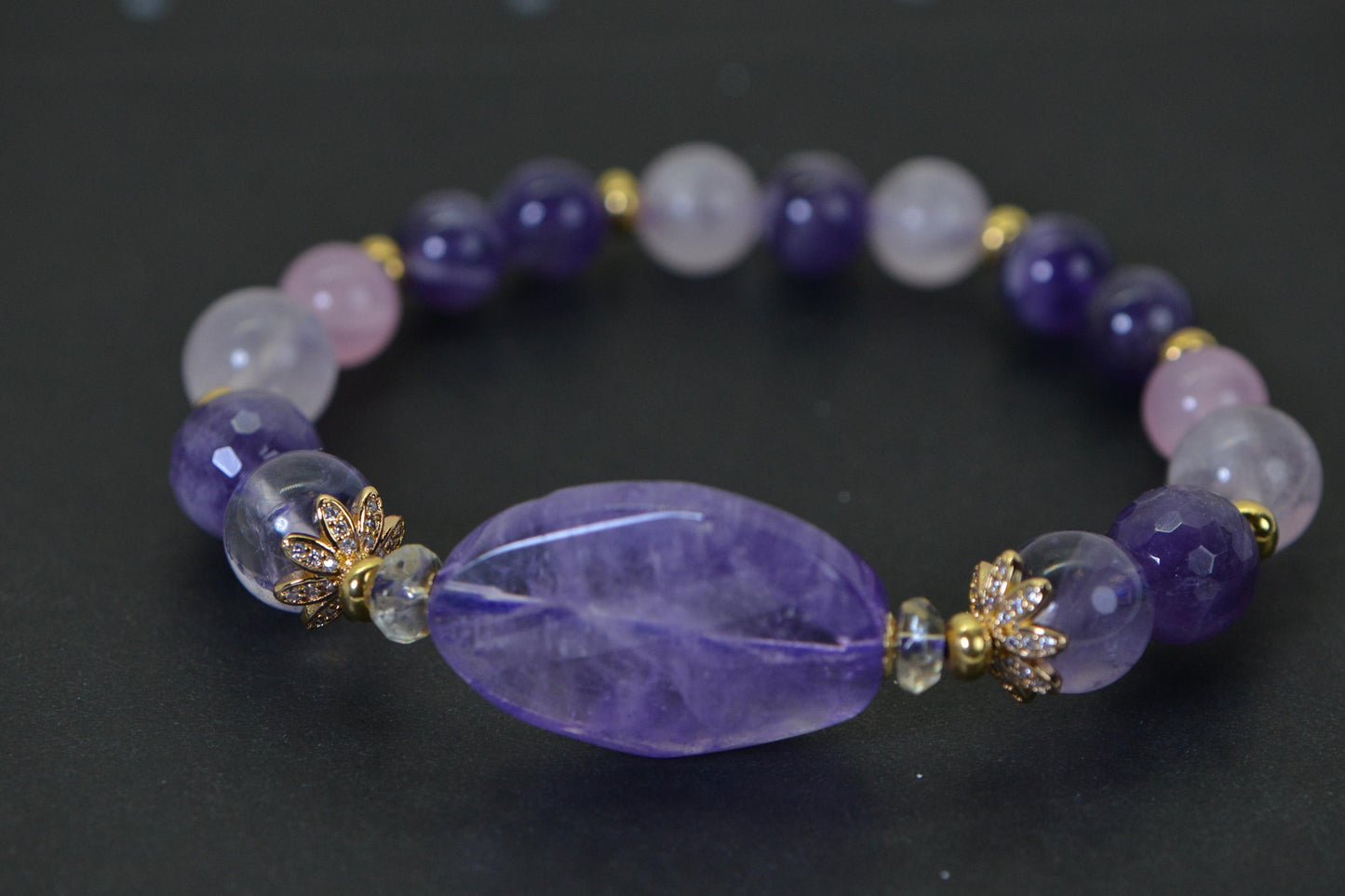 Amethyst, Ametrine, Citrine, Rose Quartz Multi Gemstone Bracelet, Purple Pink Crystal Stretch, Gift for Her