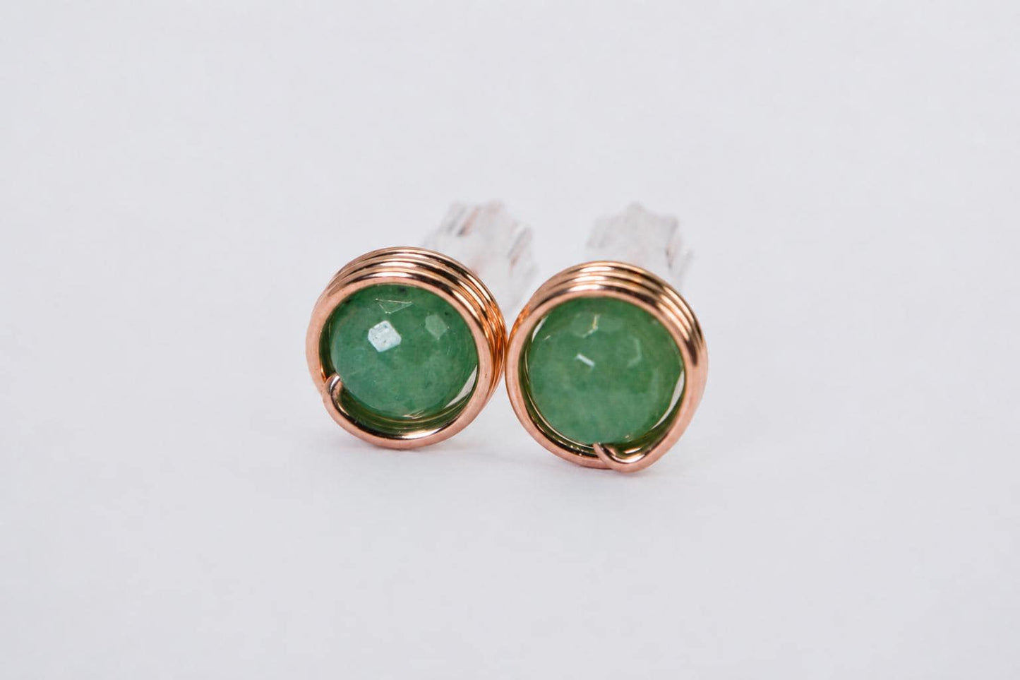 Green Aventurine Stud Earrings, Faceted 6mm Gemstone, Wire Wrapped in Pure Copper
