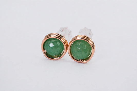 Green Aventurine Stud Earrings, Faceted 6mm Gemstone, Wire Wrapped in Pure Copper