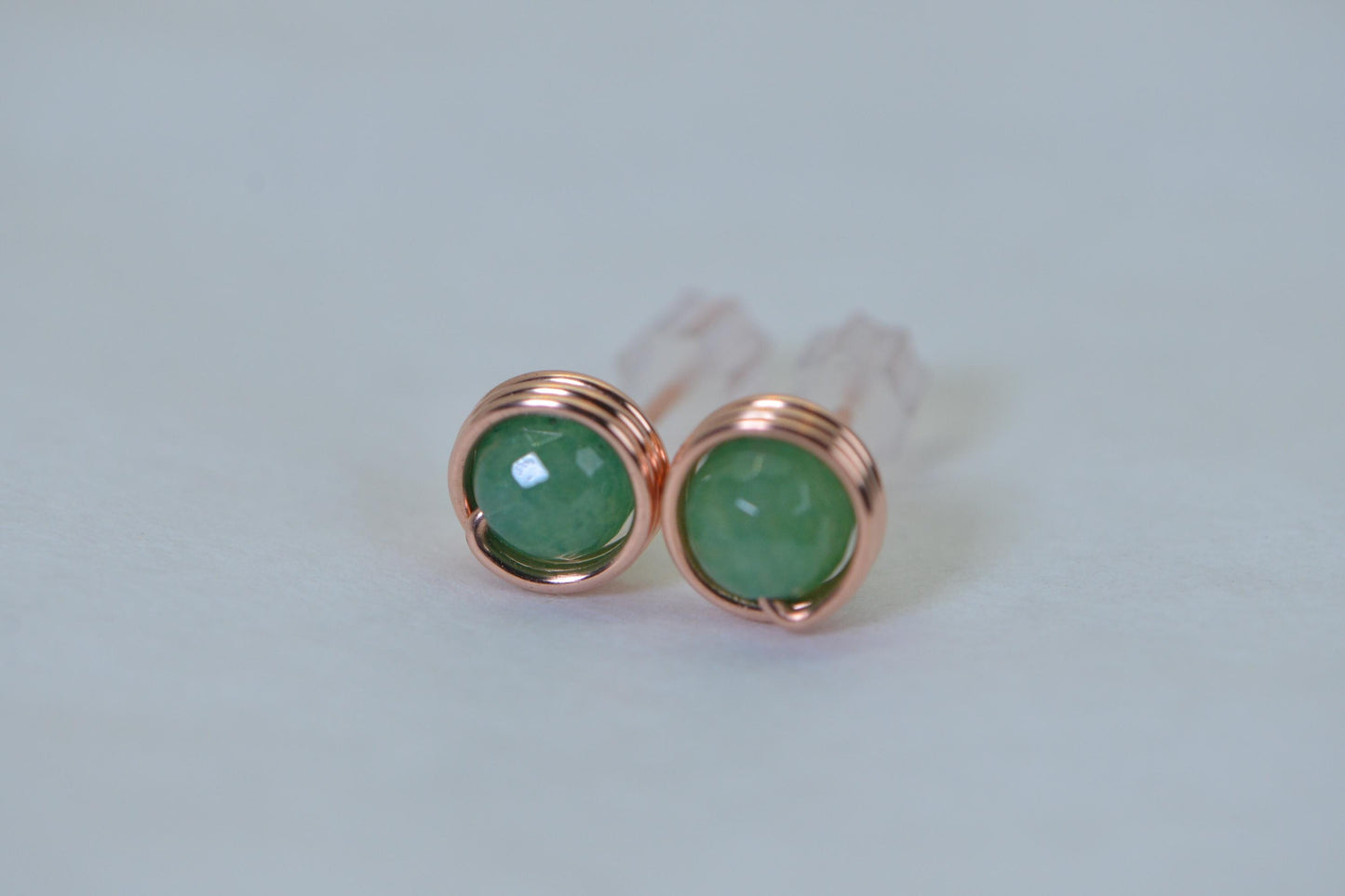 Green Aventurine Stud Earrings, Faceted 6mm Gemstone, Wire Wrapped in Pure Copper