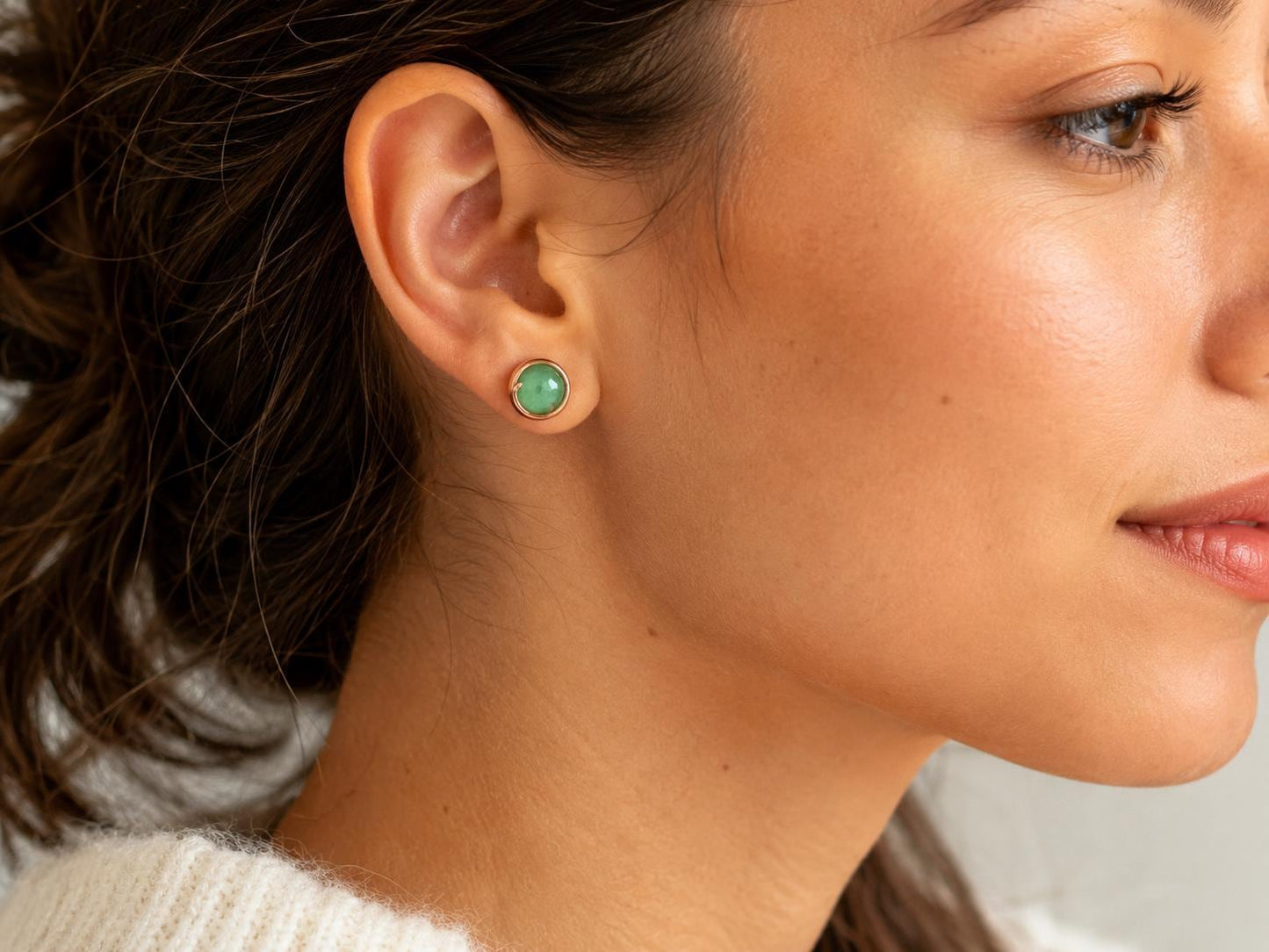 Green Aventurine Stud Earrings, Faceted 6mm Gemstone, Wire Wrapped in Pure Copper