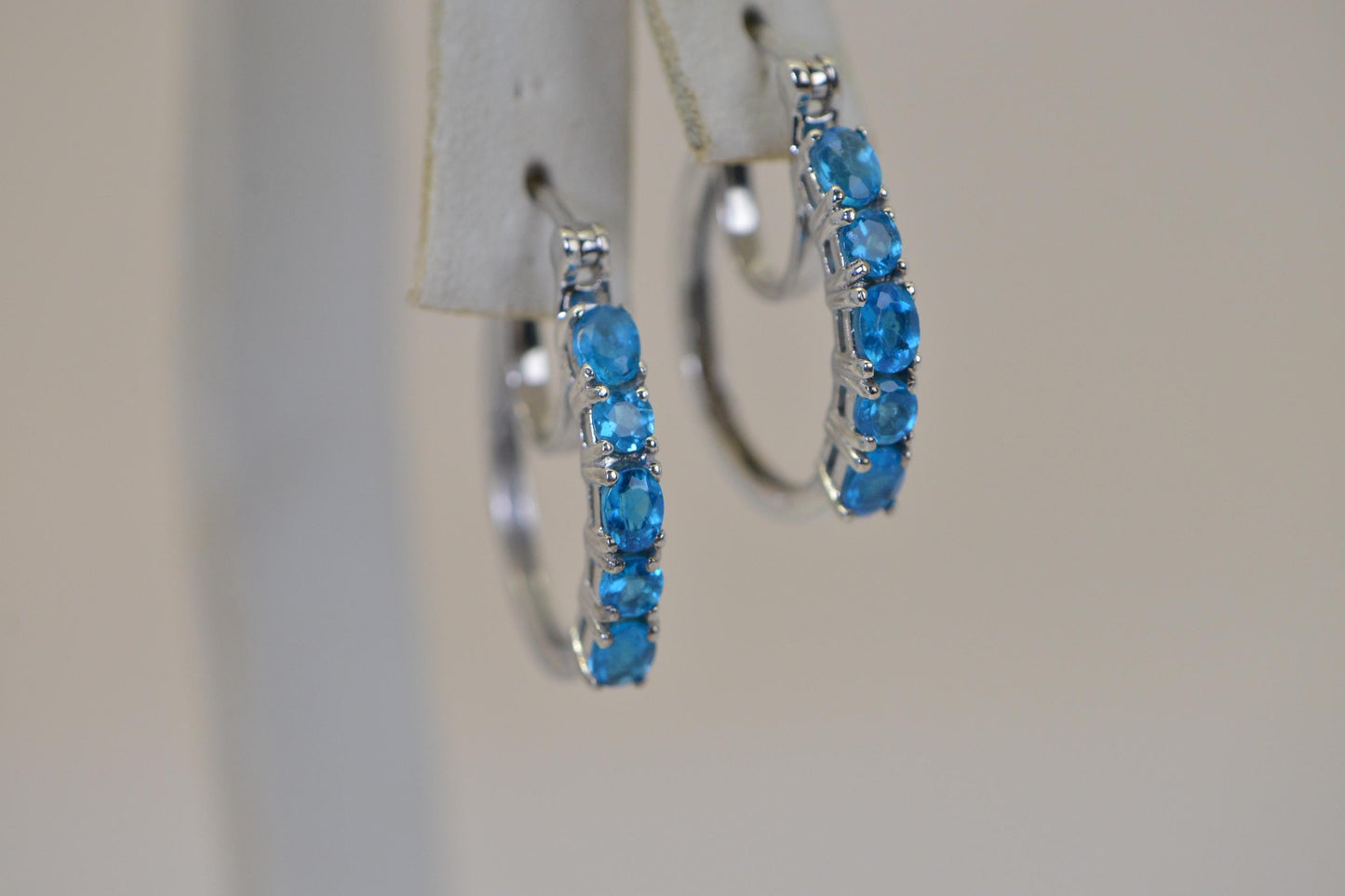 Natural Apatite Hoop Earrings Sterling Silver 925, Blue Gemstone Hoops, Hinged Hoop Earrings, Oval Round Apatite Jewelry Gift