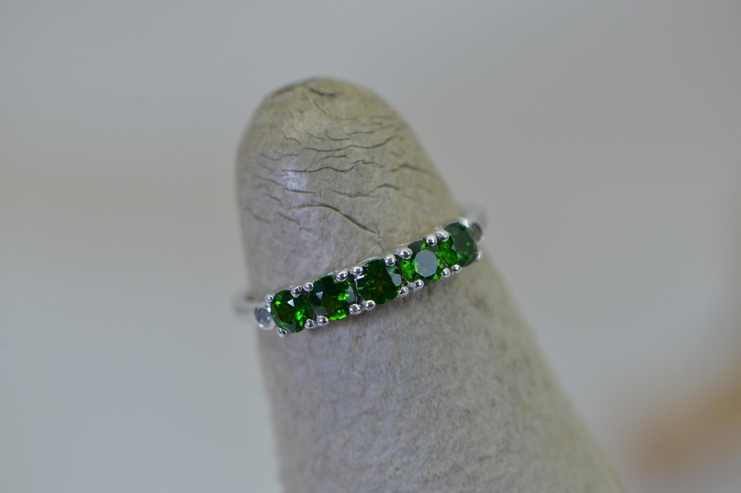 Diopside one row stone band  Ring: 14K White Gold over Sterling Silver