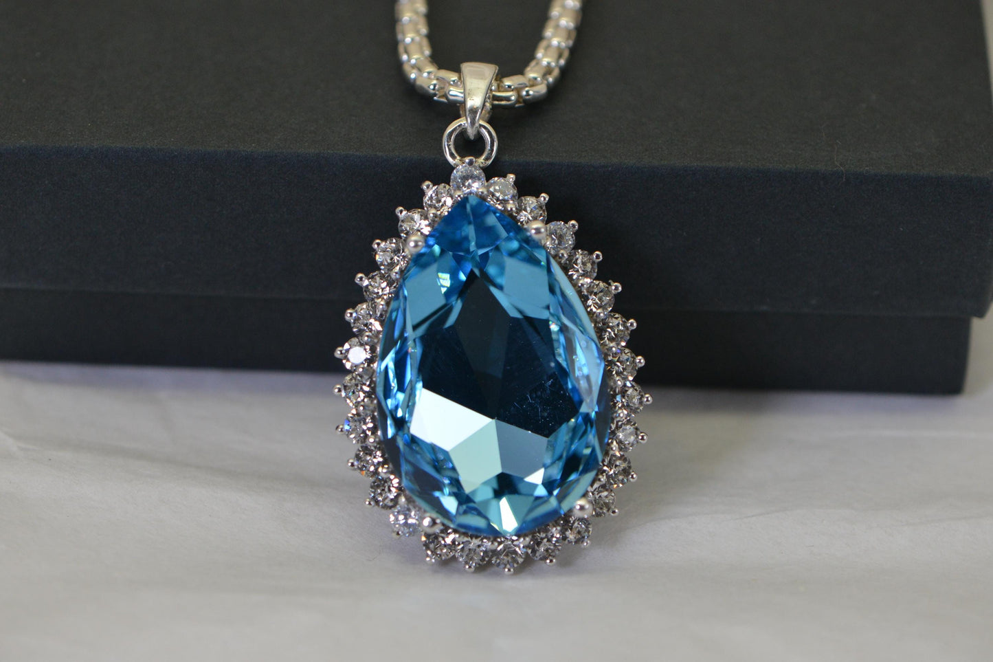 Blue Topaz Pendant Necklace, Pear Cut Gemstone, Sterling Silver Halo Pendant, Statement Jewelry, Gift for Her