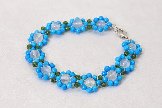 Elegant Moonstone, Turquoise and Jade  Floral Bracelet, Handwoven Gemstone Bracelet, Delicate Luxury Jewelry Gift for Her