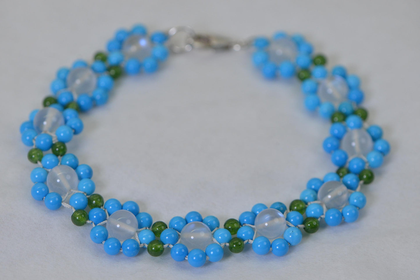 Elegant Moonstone, Turquoise and Jade  Floral Bracelet, Handwoven Gemstone Bracelet, Delicate Luxury Jewelry Gift for Her