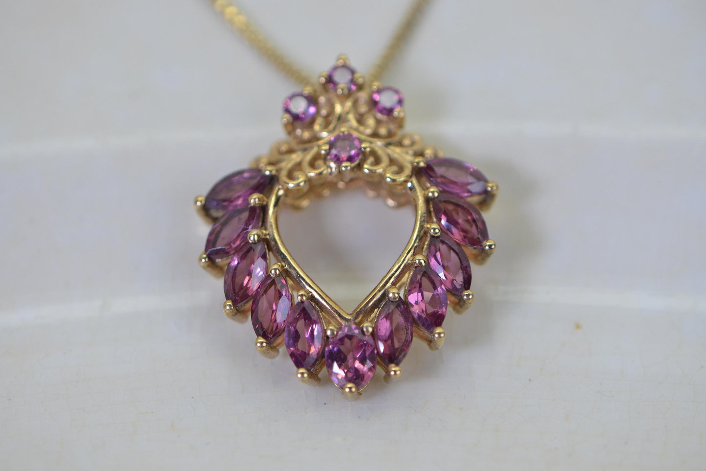 Vintage Open Heart Pendant Purple Garnet  14K Gold Vermeil Necklace