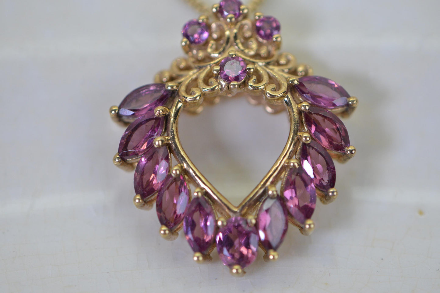 Vintage Open Heart Pendant Purple Garnet  14K Gold Vermeil Necklace