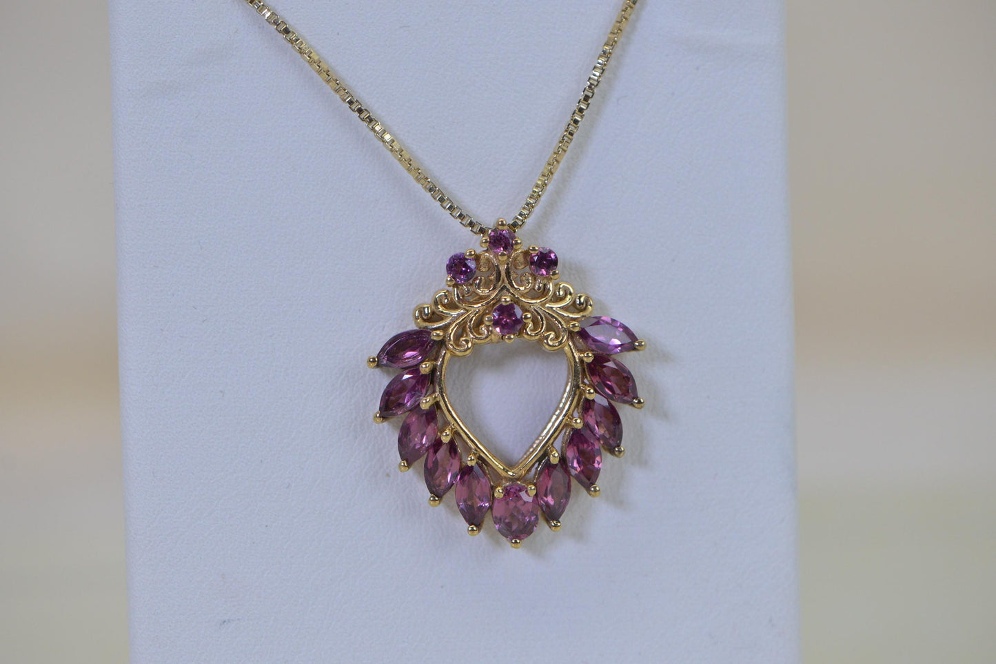 Vintage Open Heart Pendant Purple Garnet  14K Gold Vermeil Necklace
