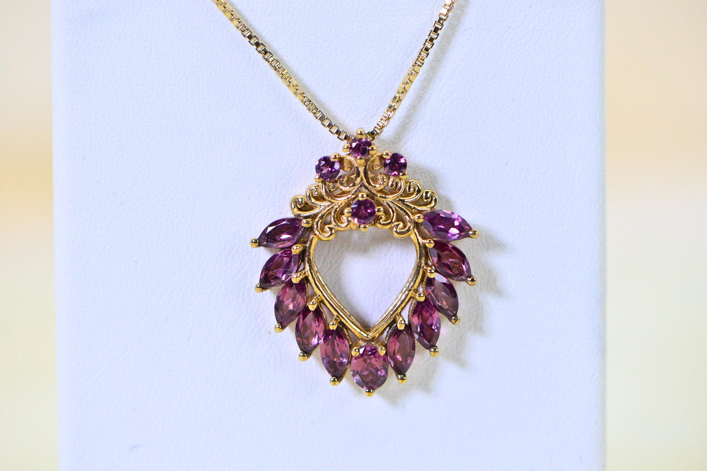 Vintage Open Heart Pendant Purple Garnet  14K Gold Vermeil Necklace