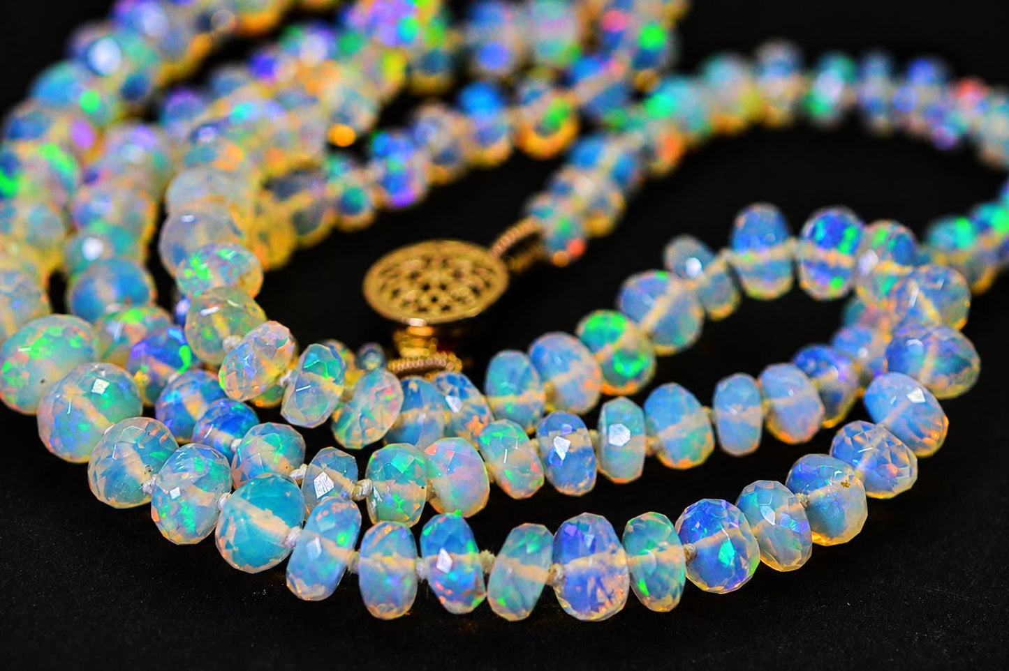 Ethiopian Opal Long Knotted Gemstone Necklace Facet Rondelle 14K Yellow Gold Filled Toggle Clasp