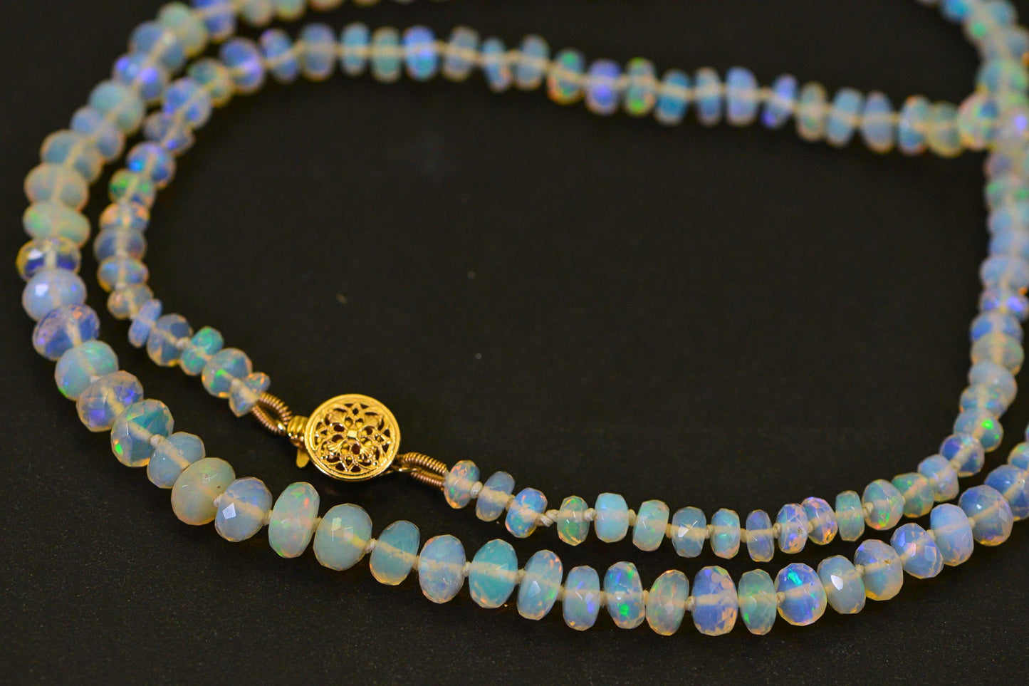 Ethiopian Opal Long Knotted Gemstone Necklace Facet Rondelle 14K Yellow Gold Filled Toggle Clasp