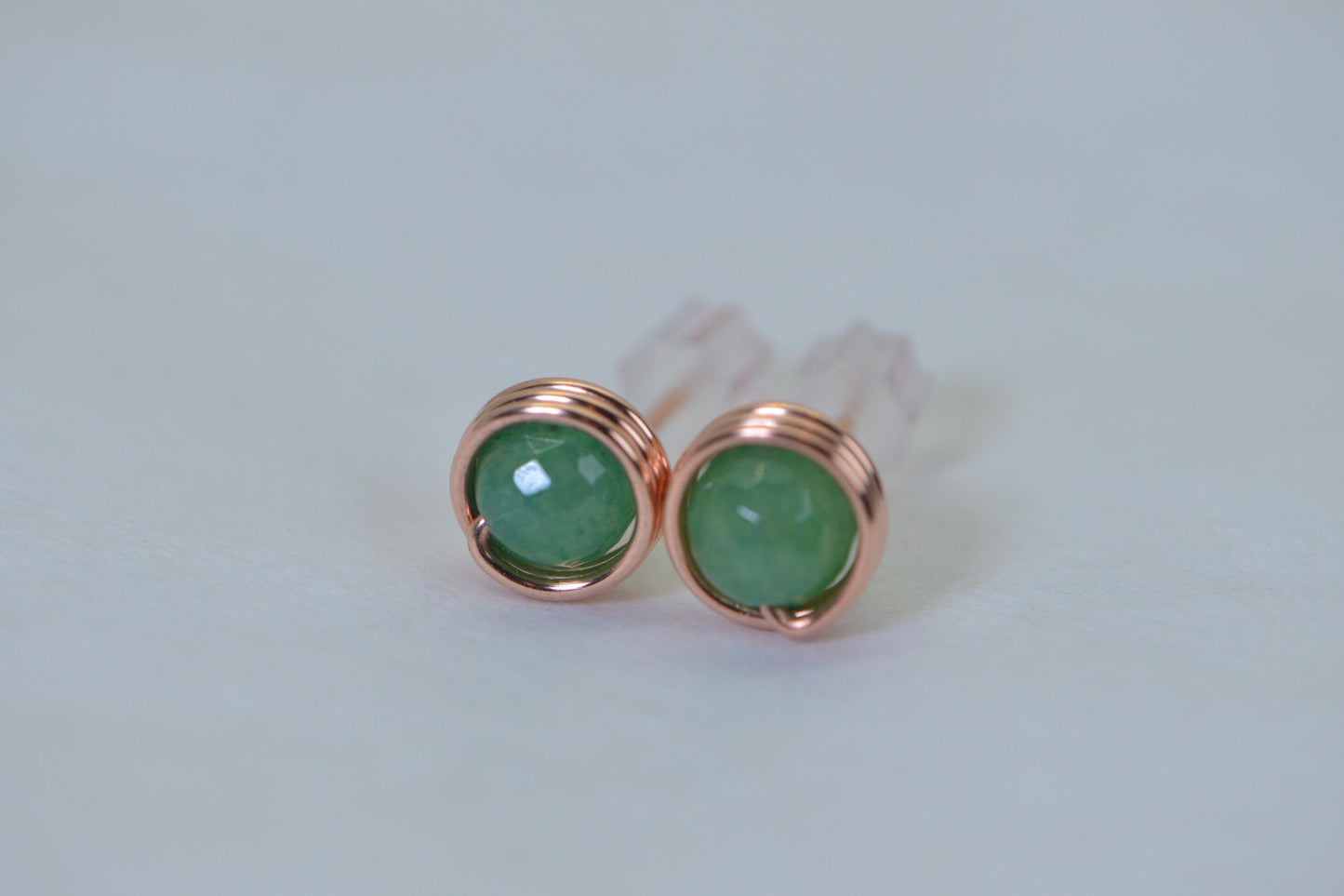 Green Aventurine Stud Earrings, Faceted 6mm Gemstone, Wire Wrapped in Pure Copper