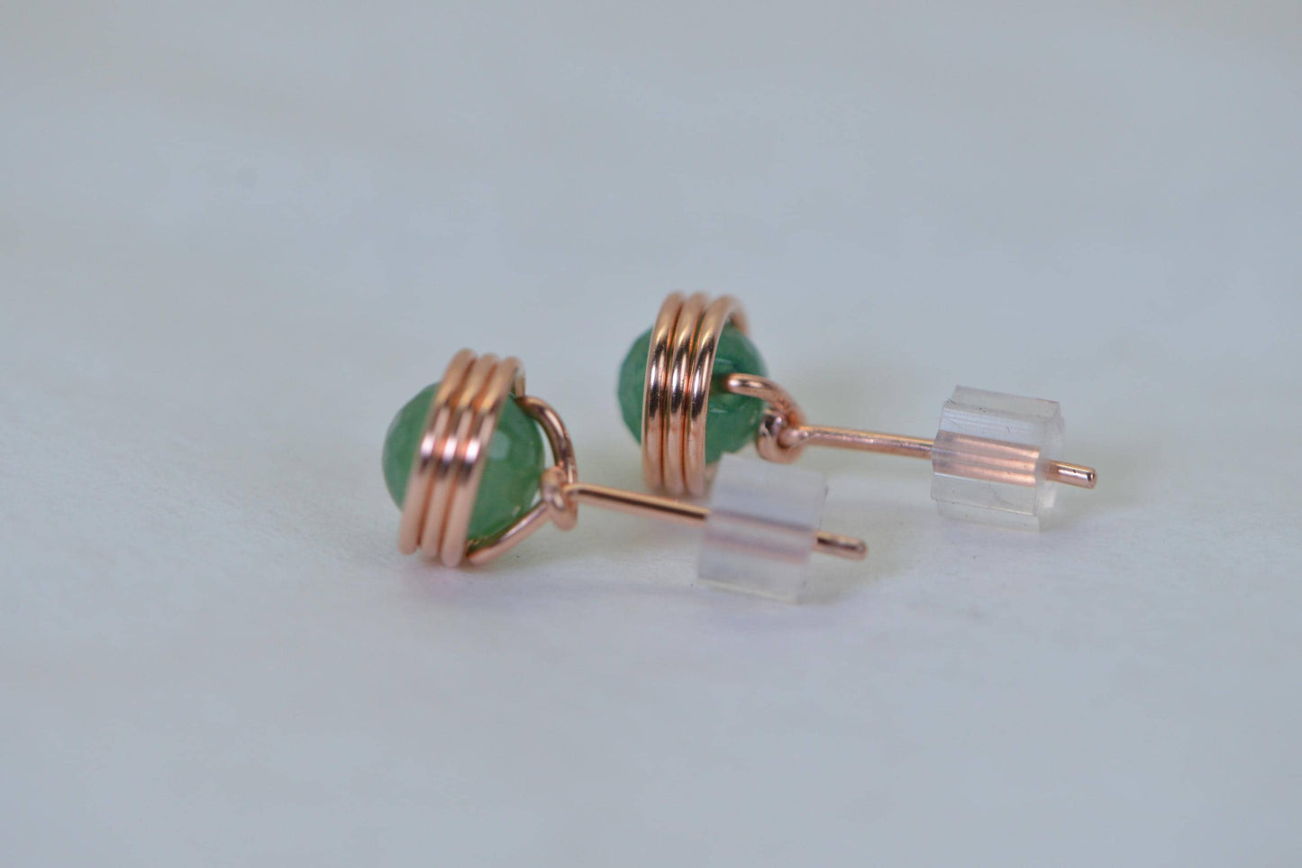 Green Aventurine Stud Earrings, Faceted 6mm Gemstone, Wire Wrapped in Pure Copper
