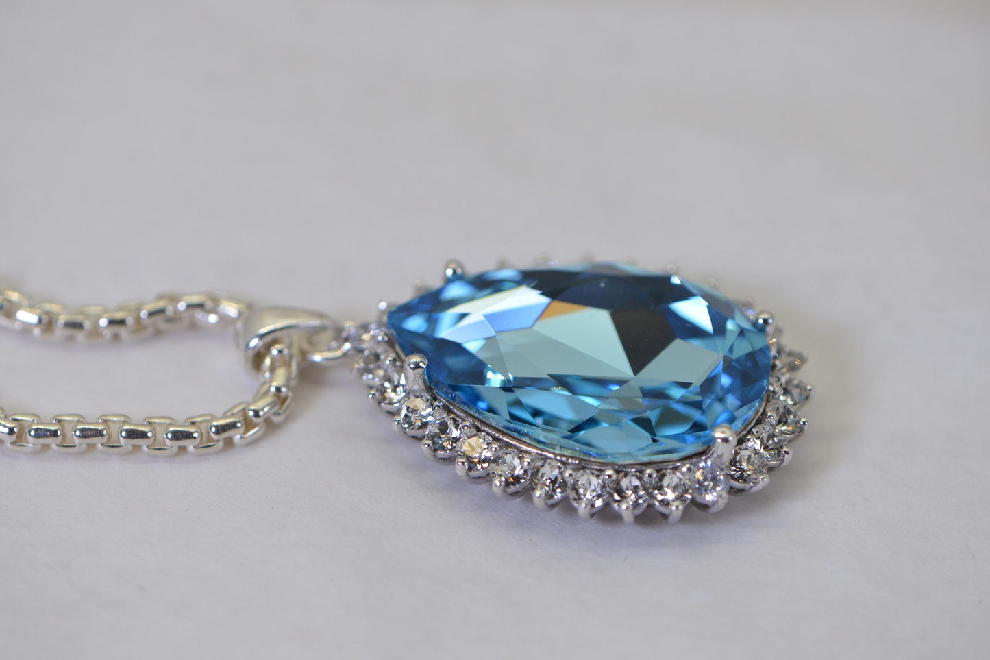 Blue Topaz Pendant Necklace, Pear Cut Gemstone, Sterling Silver Halo Pendant, Statement Jewelry, Gift for Her