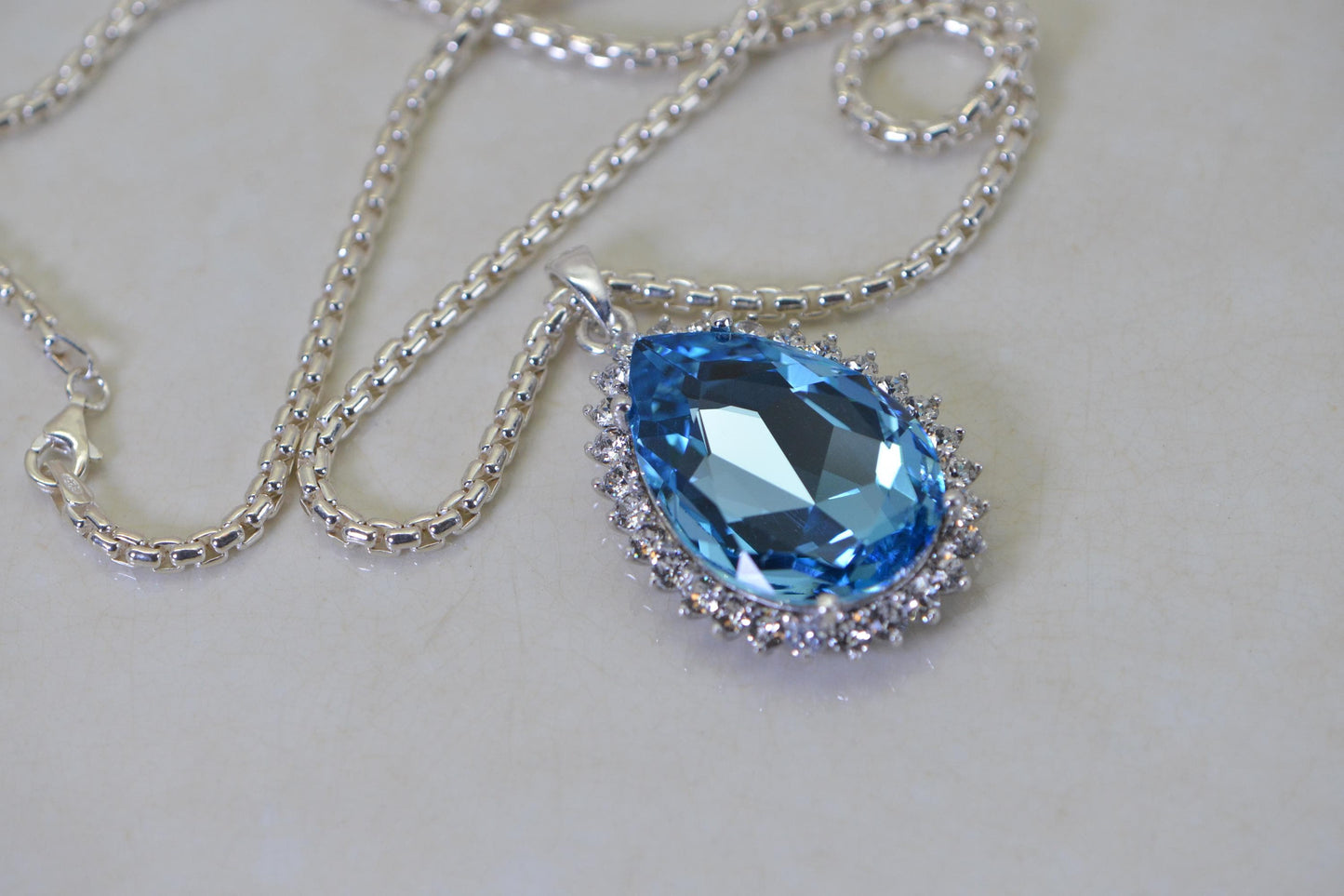 Blue Topaz Pendant Necklace, Pear Cut Gemstone, Sterling Silver Halo Pendant, Statement Jewelry, Gift for Her