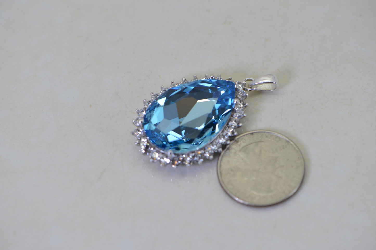 Blue Topaz Pendant Necklace, Pear Cut Gemstone, Sterling Silver Halo Pendant, Statement Jewelry, Gift for Her
